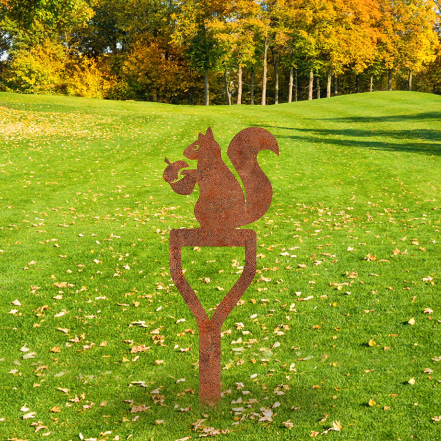 Rusted Funny Squirrel On Spade Metal Garden Art, Squirrel Welded Accent