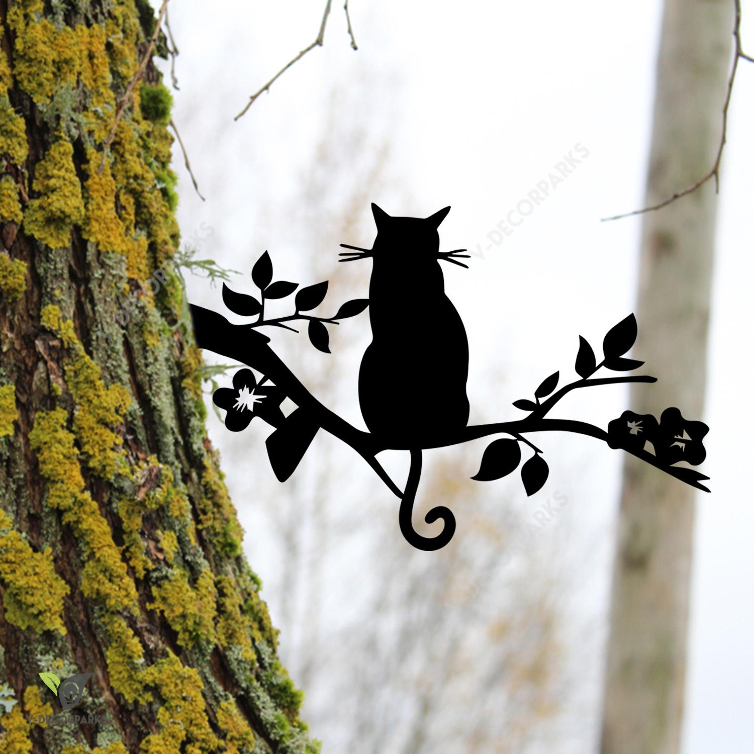 Cat Sitting On Branch Rusted Metal Tree Decoration, Black Cat Weatherproof Garden Artwork