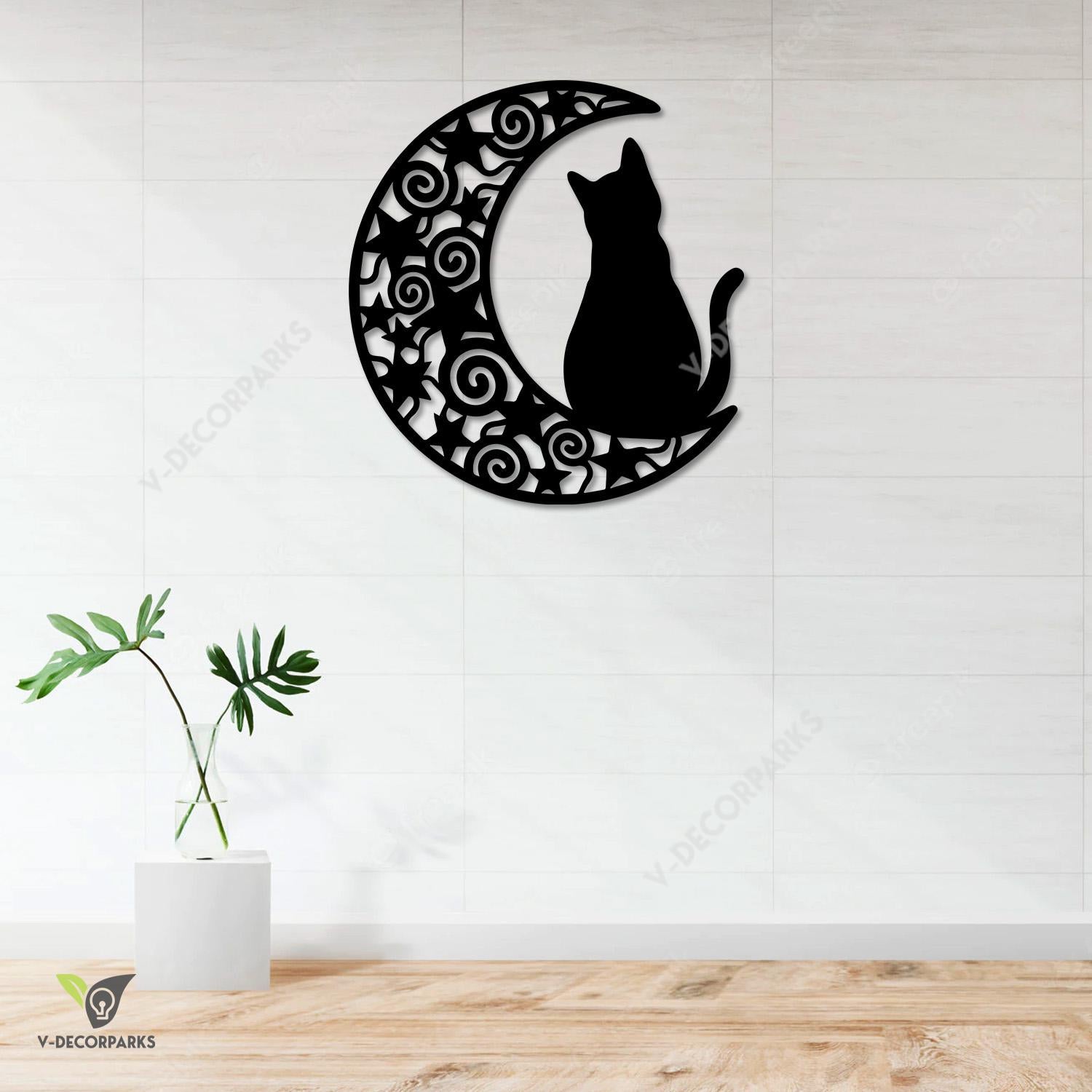Black Cat Sitting On Moon Metal Art, Black Cat Living Room Metallic Accent