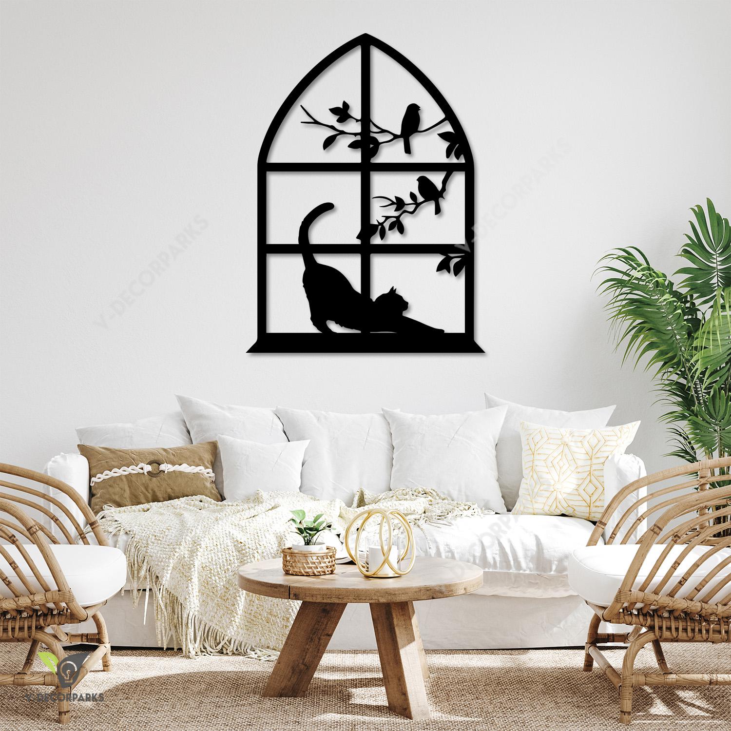 Cat On Window Metal Wall Decoration, Cat, Window And Birds Modern Wall Hanging