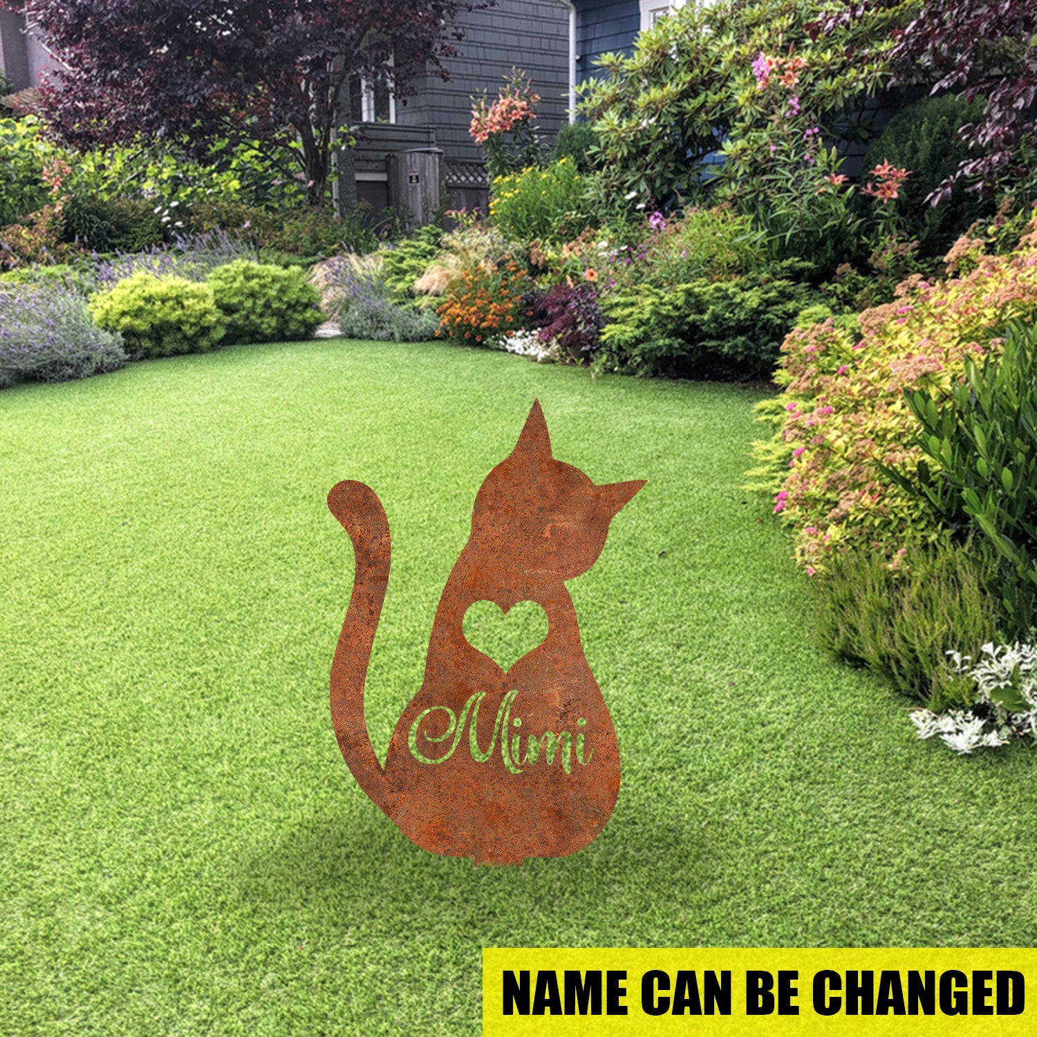 Custom Name Memorial Cat Rusty Metal Garden Art, Cat Grave Marker For Her