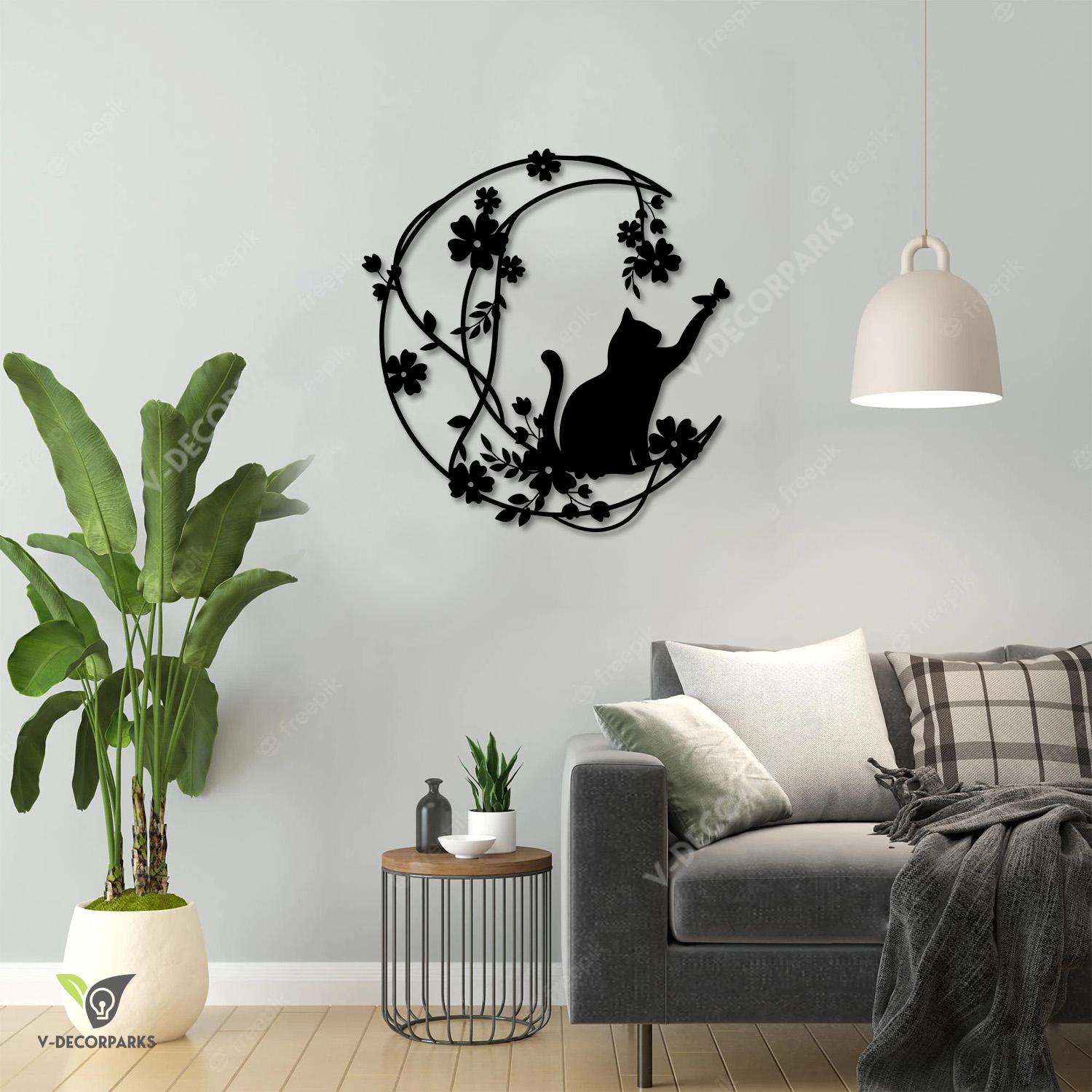 Cat Playing With Butterfly On Moon Metal Wall Art, Floral Cat Black Decor