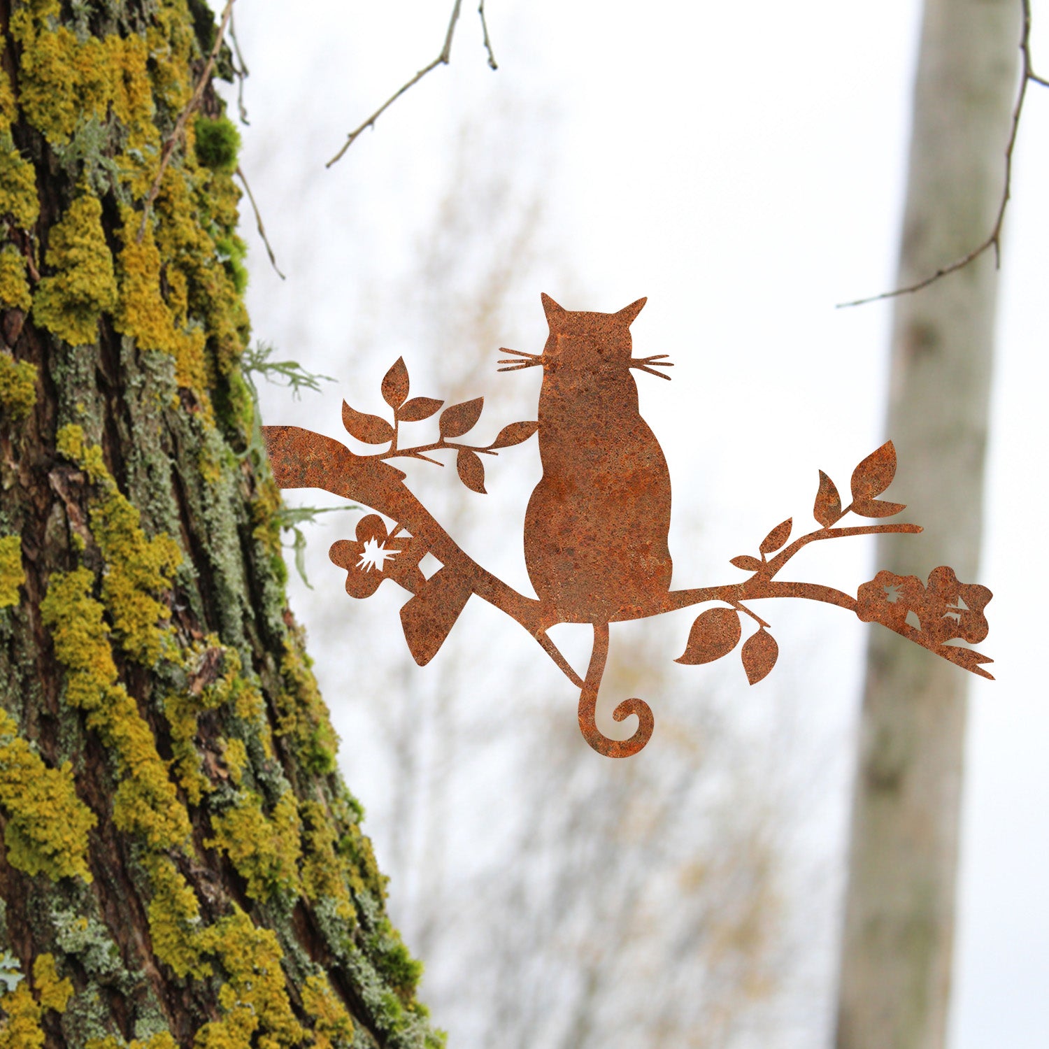 Cat Sitting On Tree Branch Rusty Metal Tree Art, Sitting Cat Plasma Cut Garden Accent