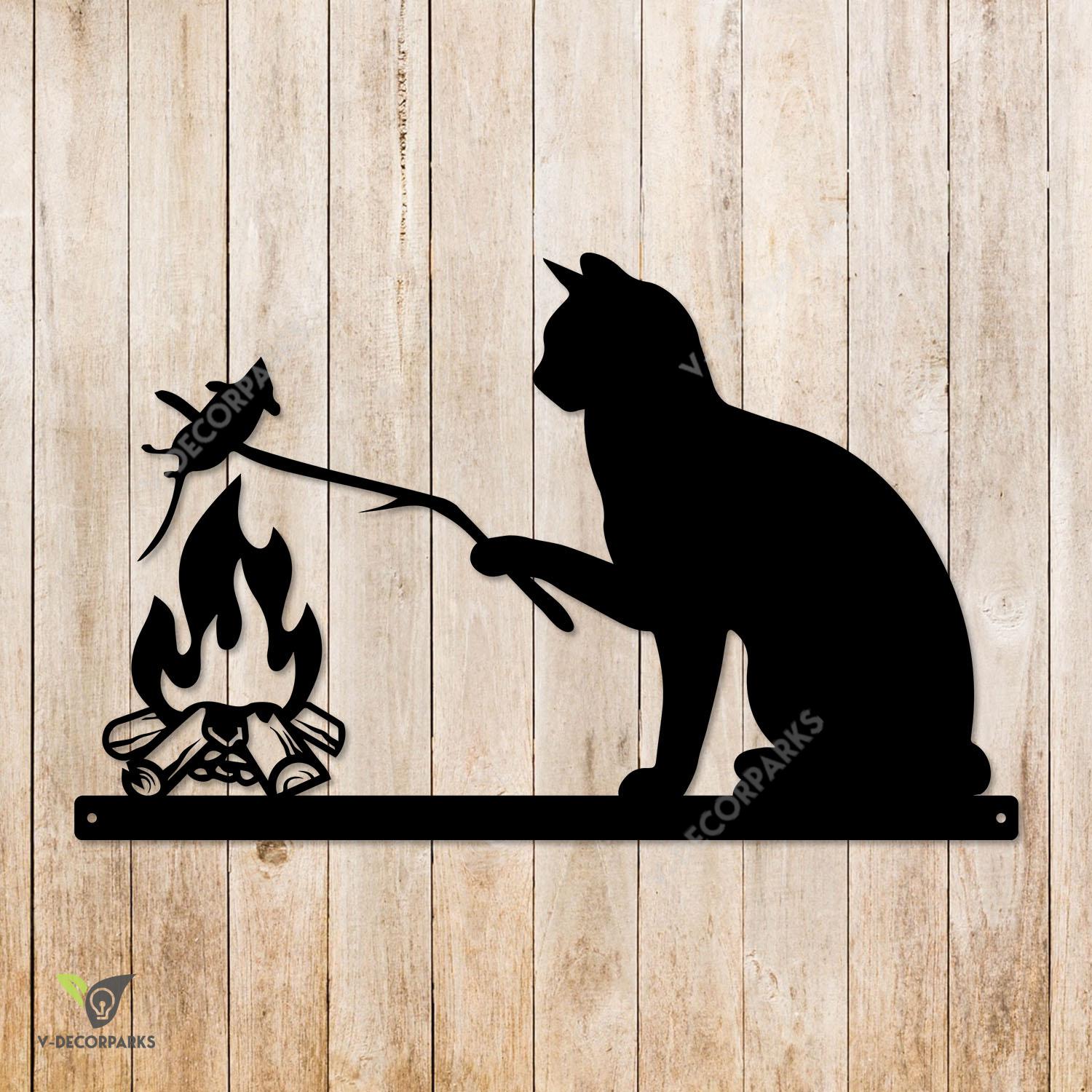 Cat Grilling Mouse Funny Metal Art, Cat Grilling Mouse Indoor Decor