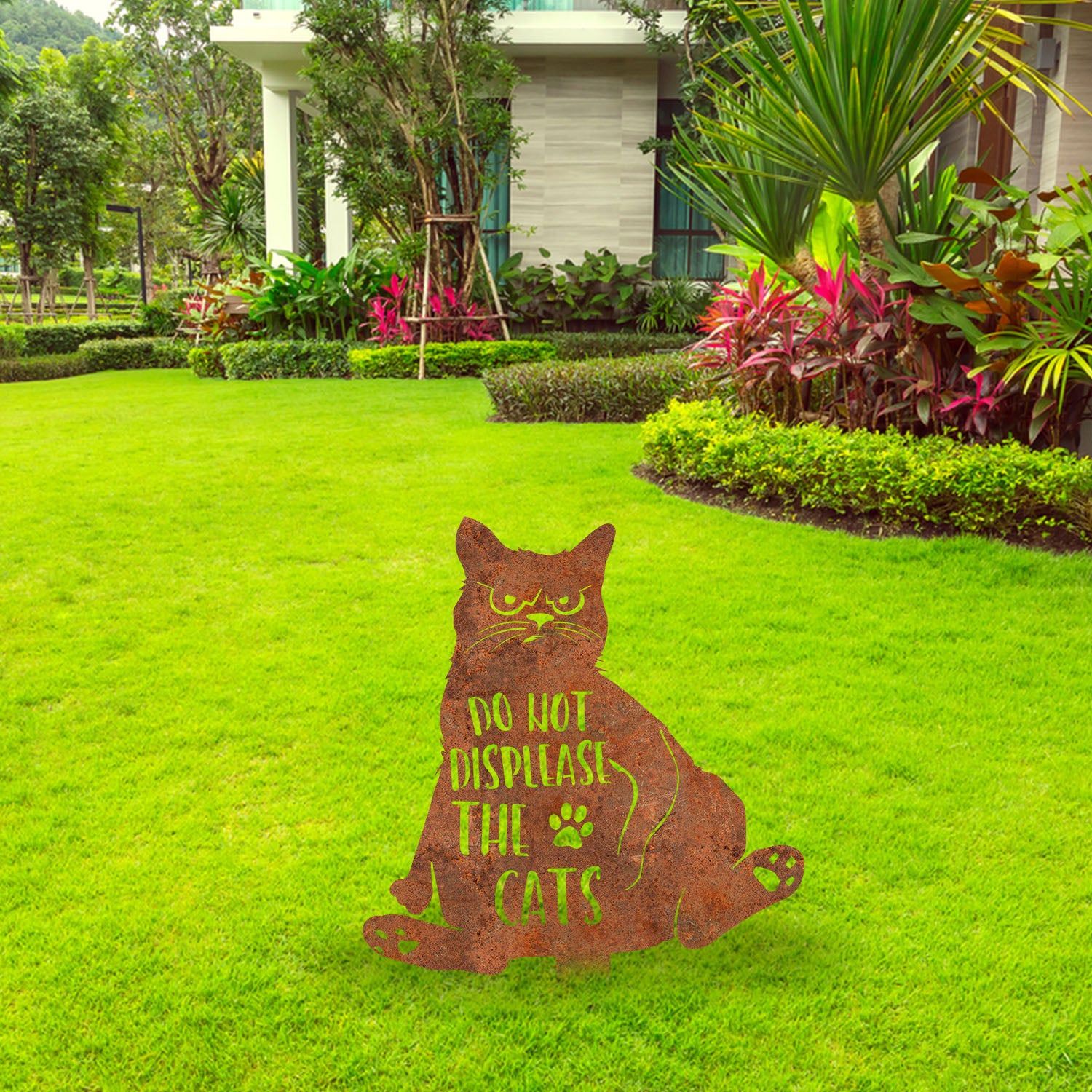 Do Not Displease The Cats Funny Rusty Metal Garden Sculpture, Fat Cat Evergreen Accent
