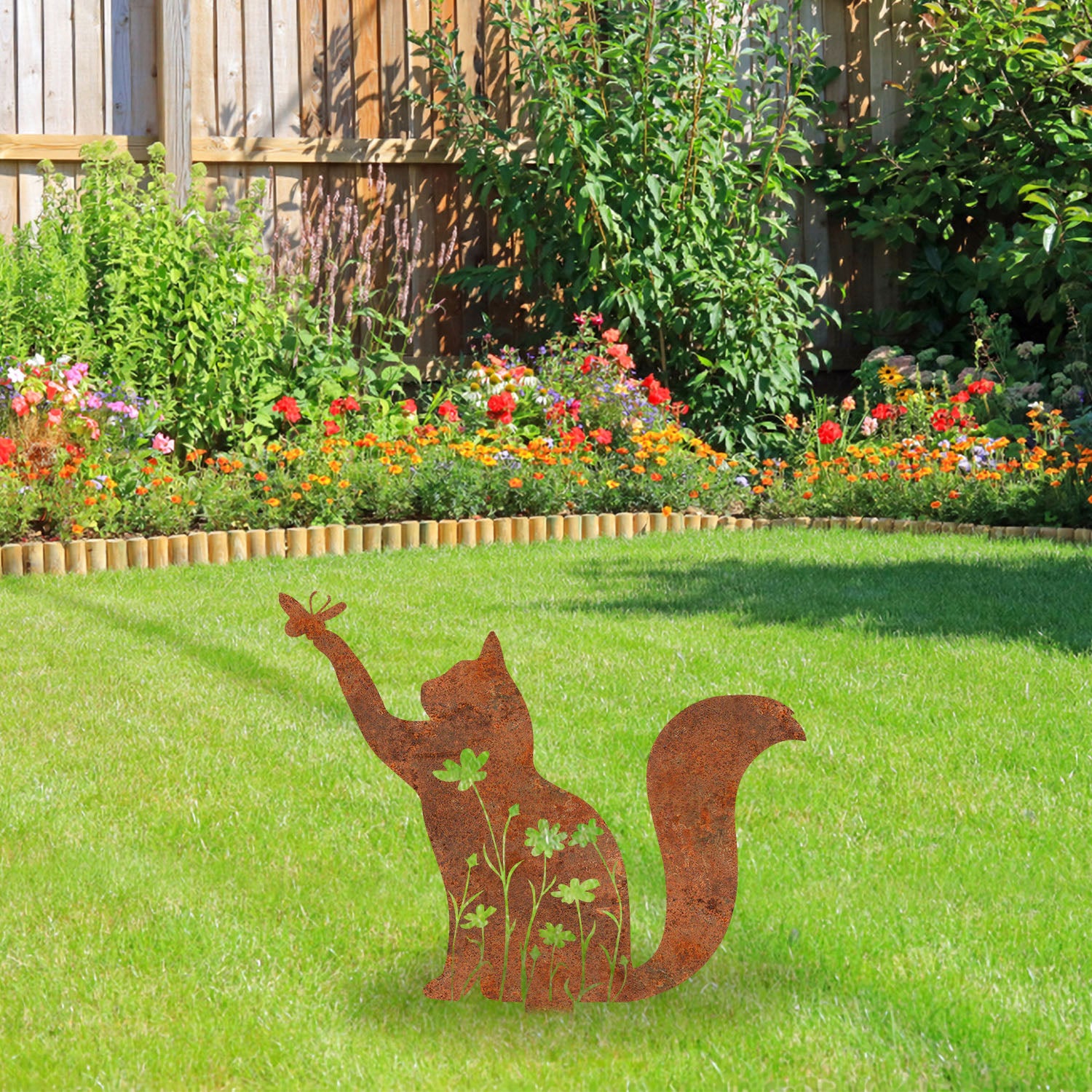 Floral Cat Playing With Butterfly Rusted Metal Garden Decoration, Cute Cat Steel Sign