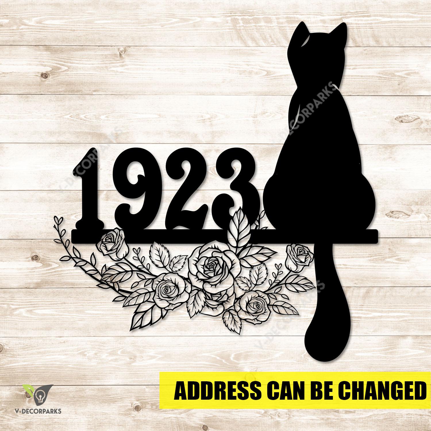Customized Address Sitting Cat And Flower Wreath Metal Sign, Cat Laser Cut Door Hanging