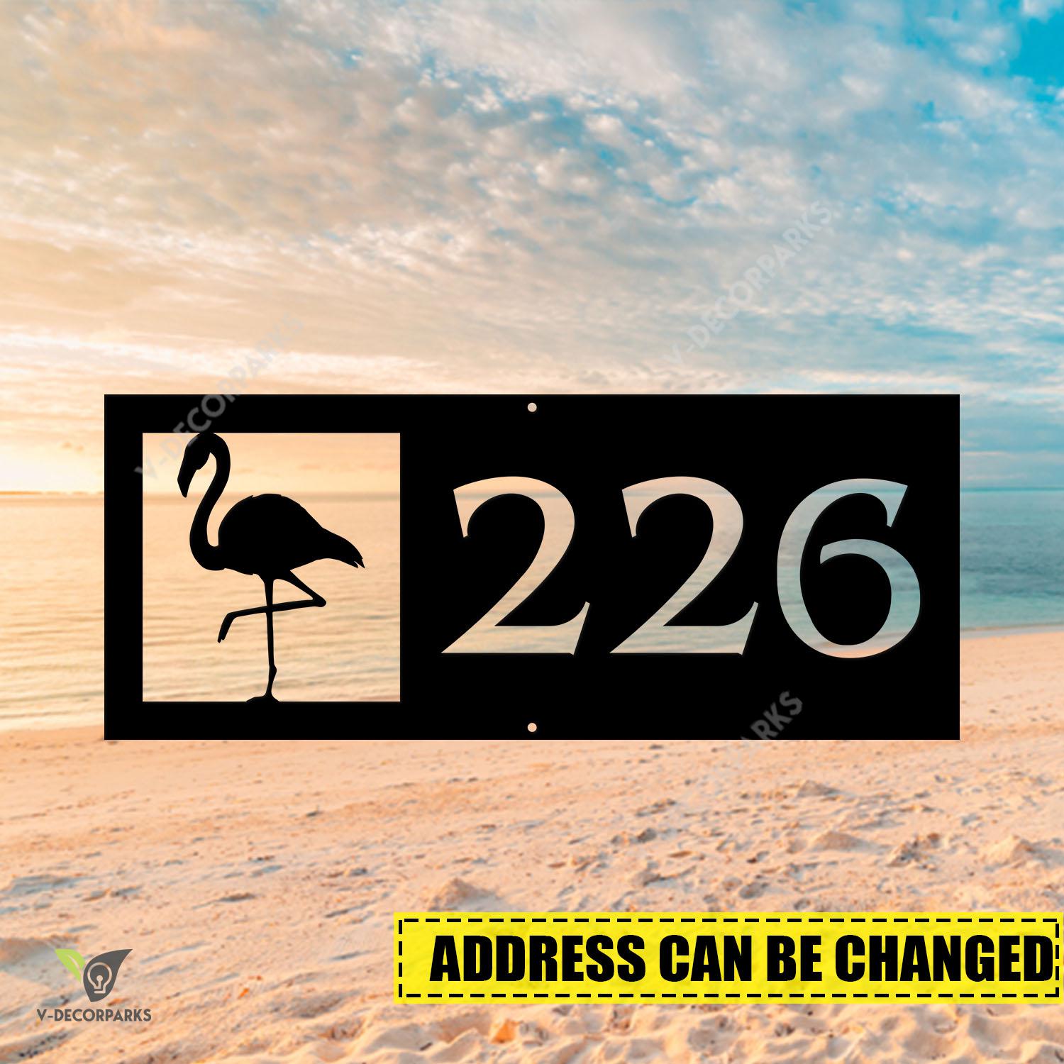 Personalized Address Flamingo Beach Metal Wall Art, Flamingo Bird Weatherproof Plaque