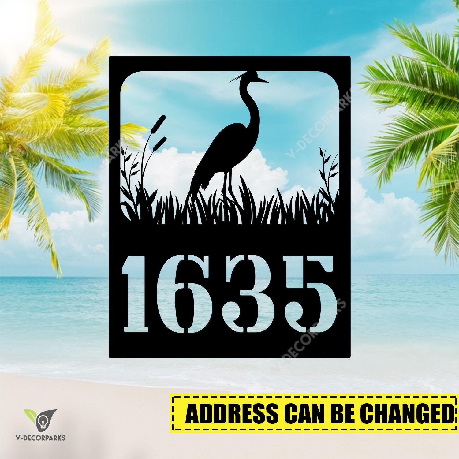 Custom Address Heron Beach Metal Sign Design, Heron Small Plaque