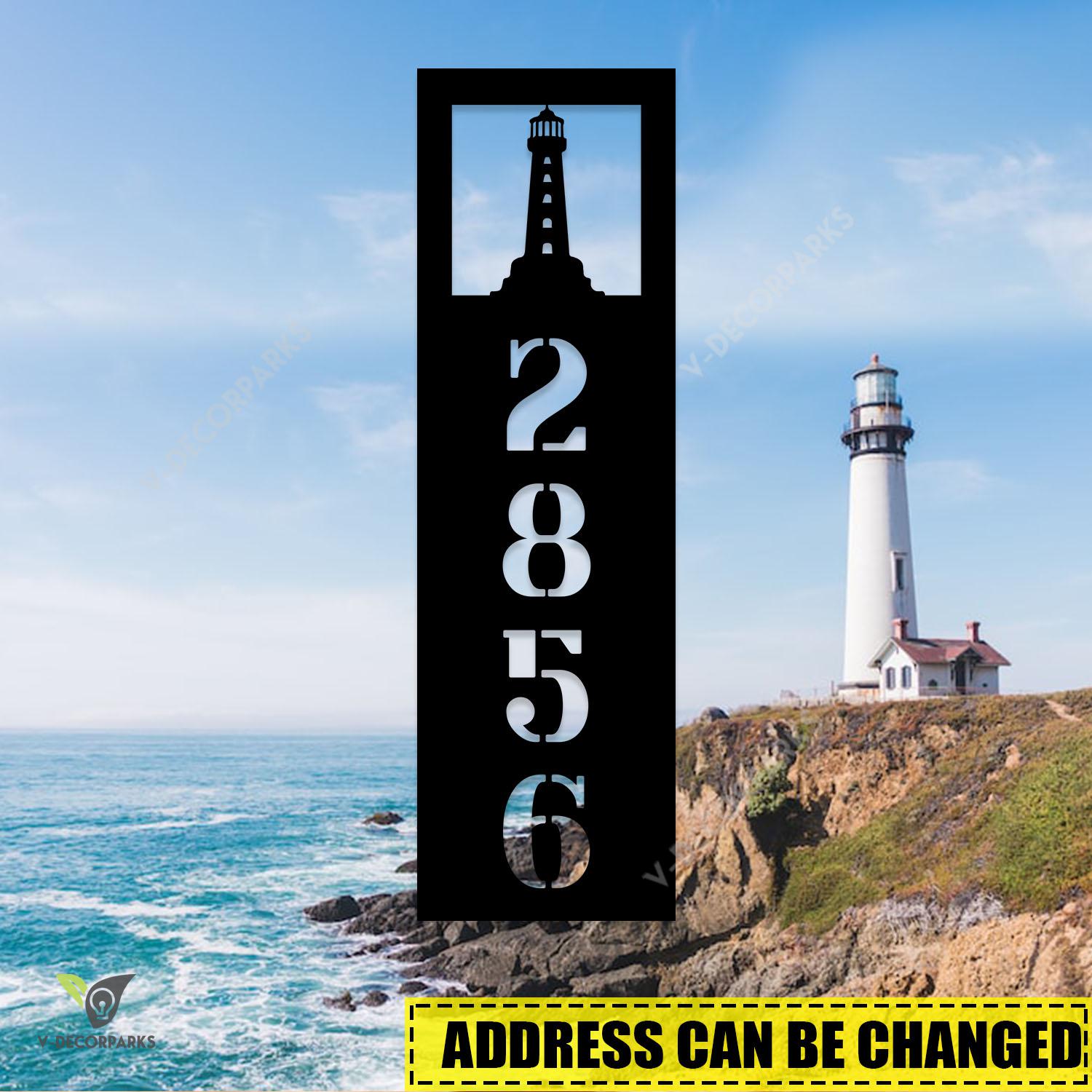 Custom Address Lighthouse Beach Vertical Metal Art, Lighthouse Cape Decorative Accent