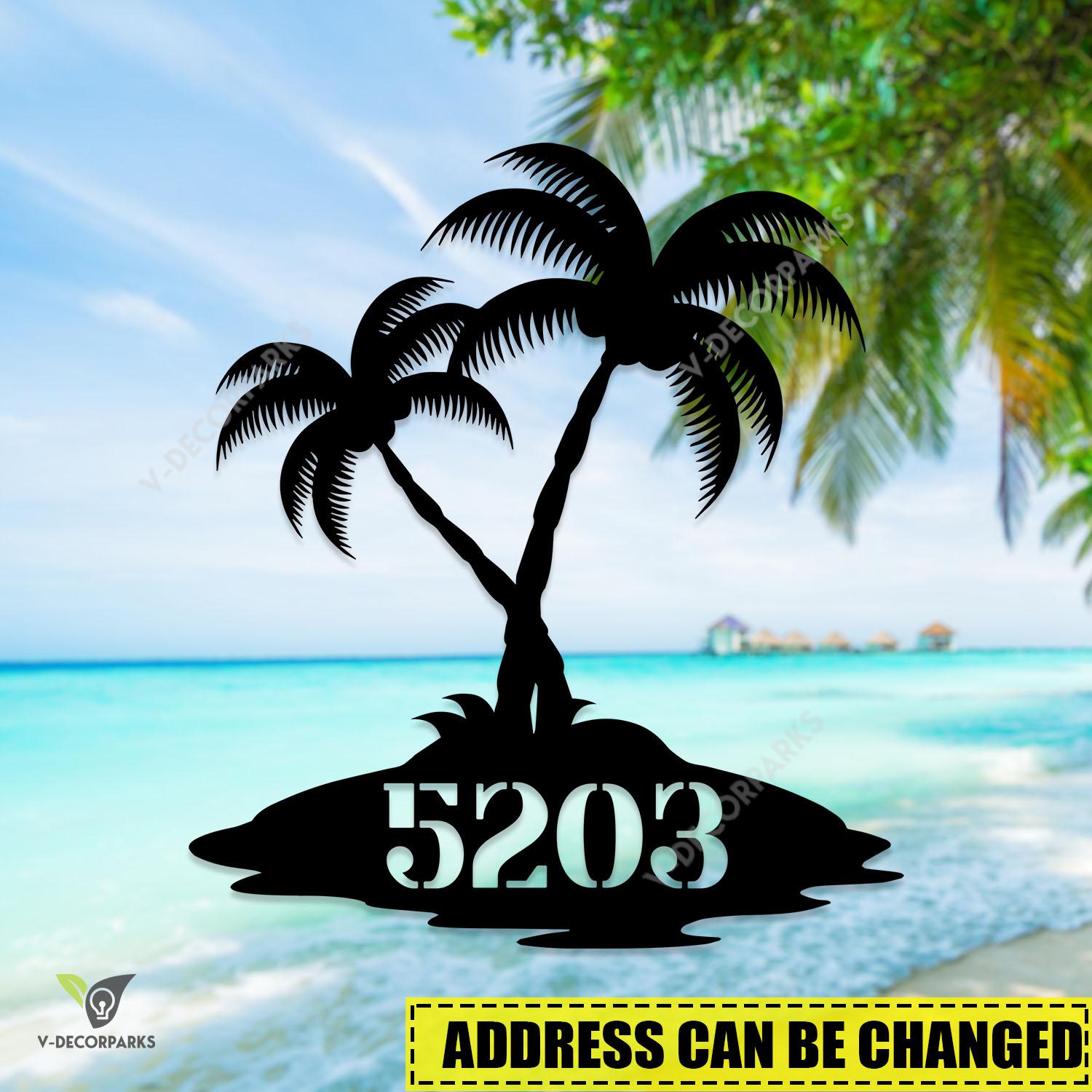 Personalized Address Palm Trees Metal Sign, Holiday Coastal Cutout Decor