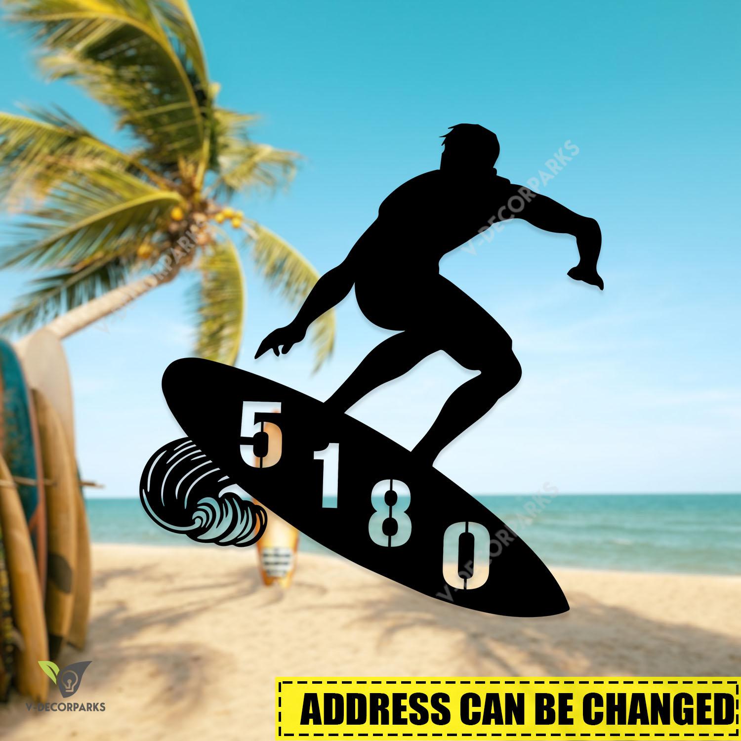 Custom Address Wave Surfing Man Metal Wall Art, Wave Surfer Beach Porch Accent