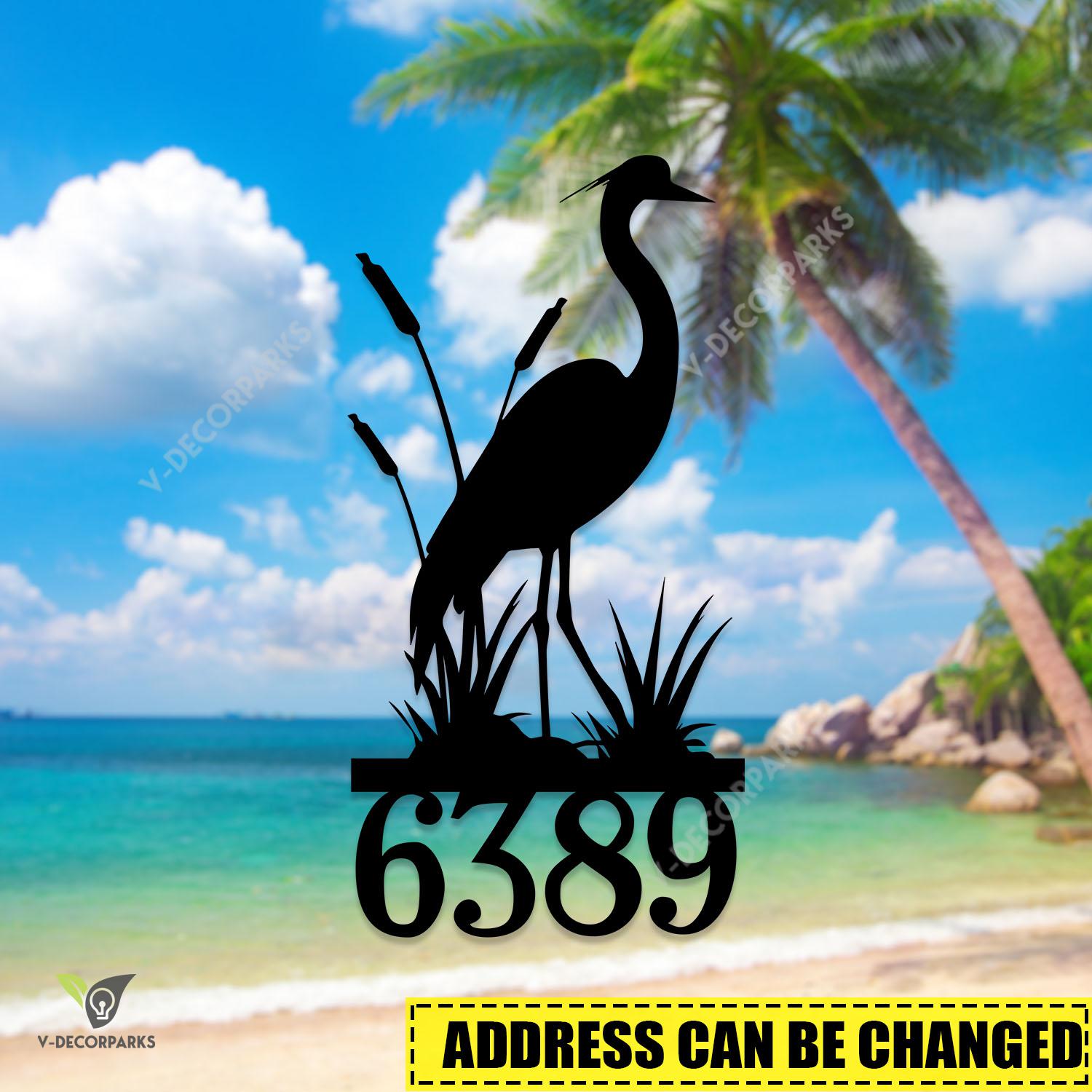 Customized Address Heron Metal Wall Art, Heron Bird Tropical Cut Accent