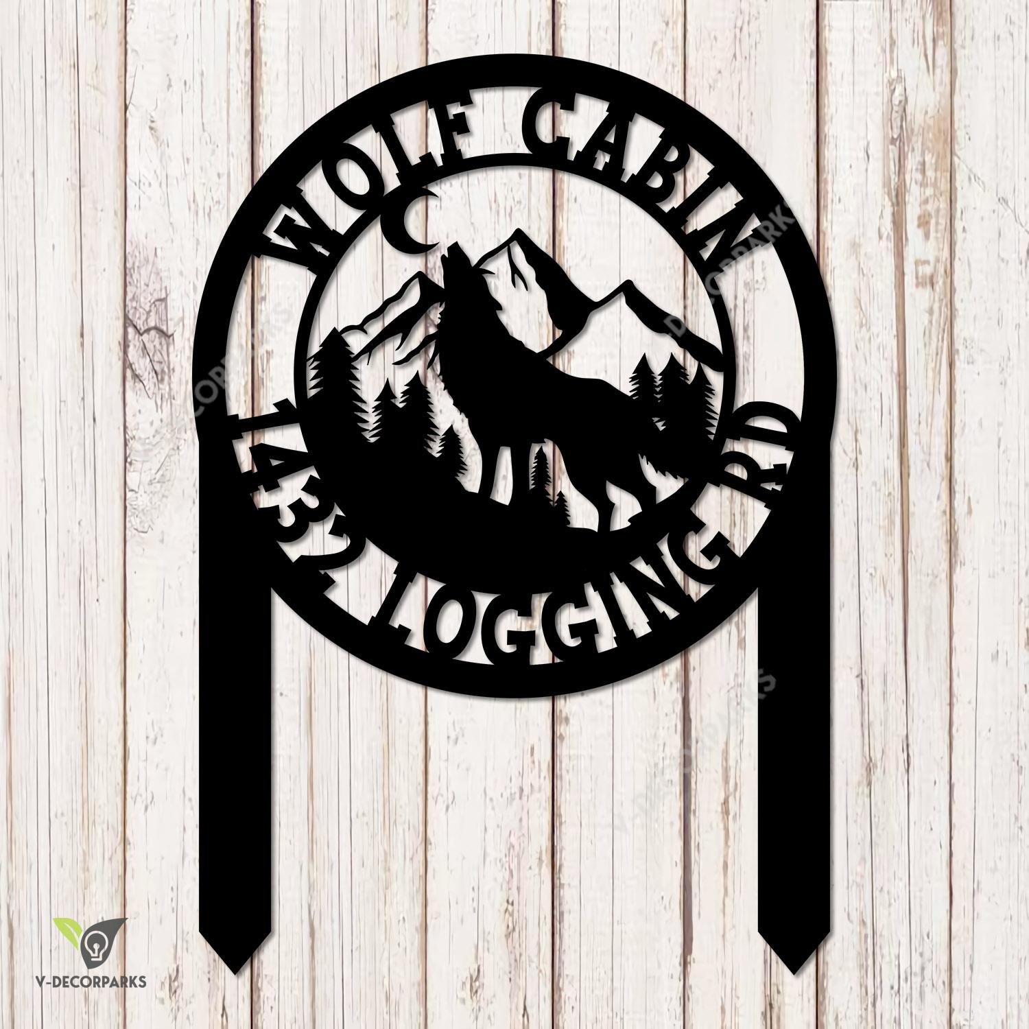 Customized Wolf Cabin Metal Sign Monogram, Wolf Decorative Accent For Yard Metal Sign