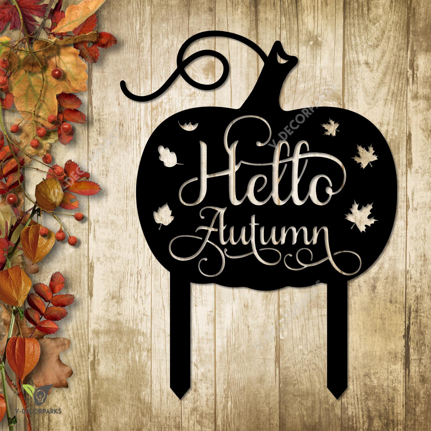 Hello Autumn Pumpkin And Maple Metal Garden Decor, Hello Autumn Outdoor Artwork Metal Sign