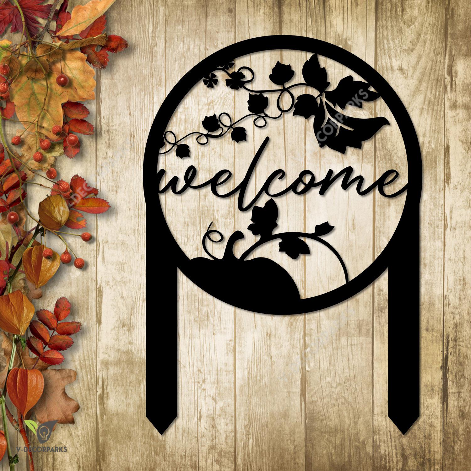 Welcome Pumpkin Metal Garden Art, Welcome Rust Resistant Stake For Fall Metal Sign