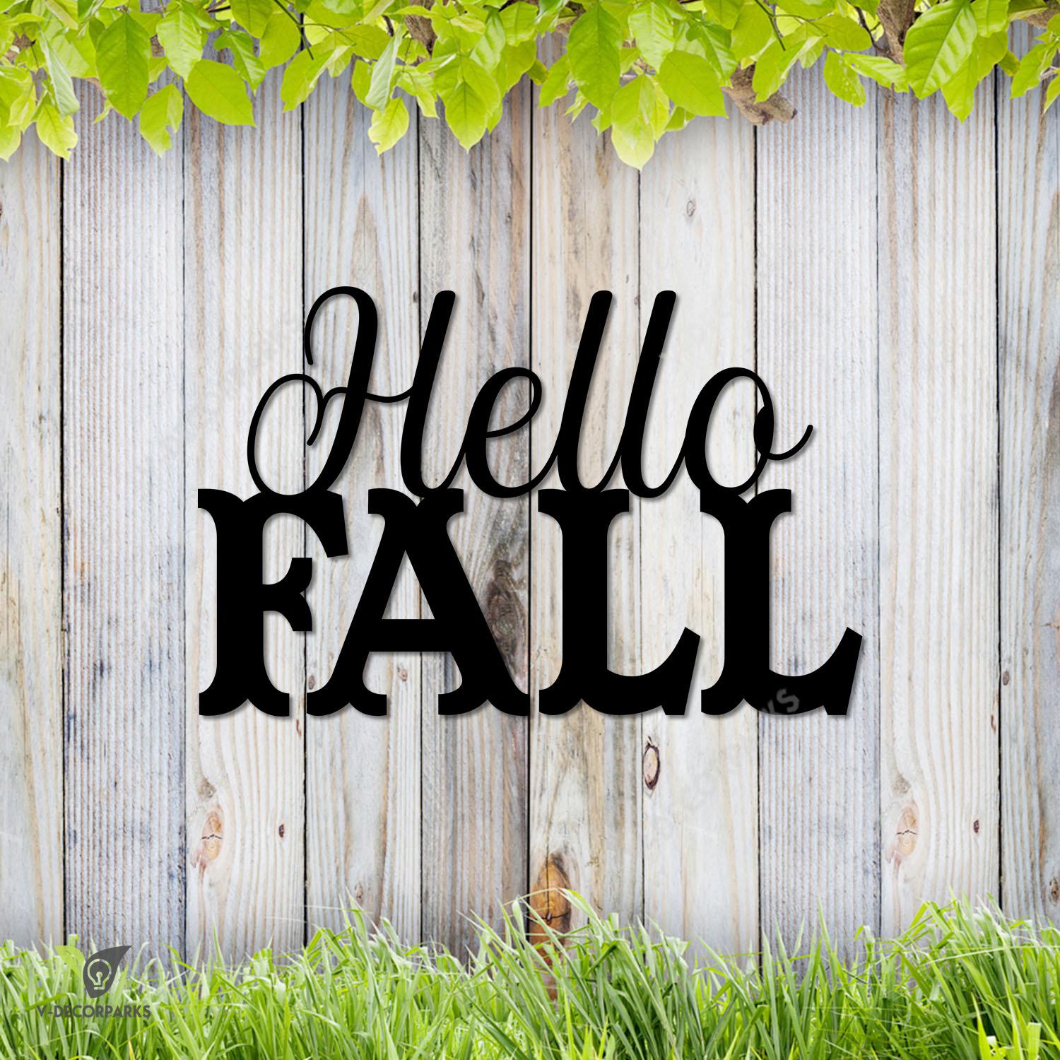 Hello Fall Words Metal Wall Decoration, Autumn Backyard Outer Wall Hanging Metal Sign