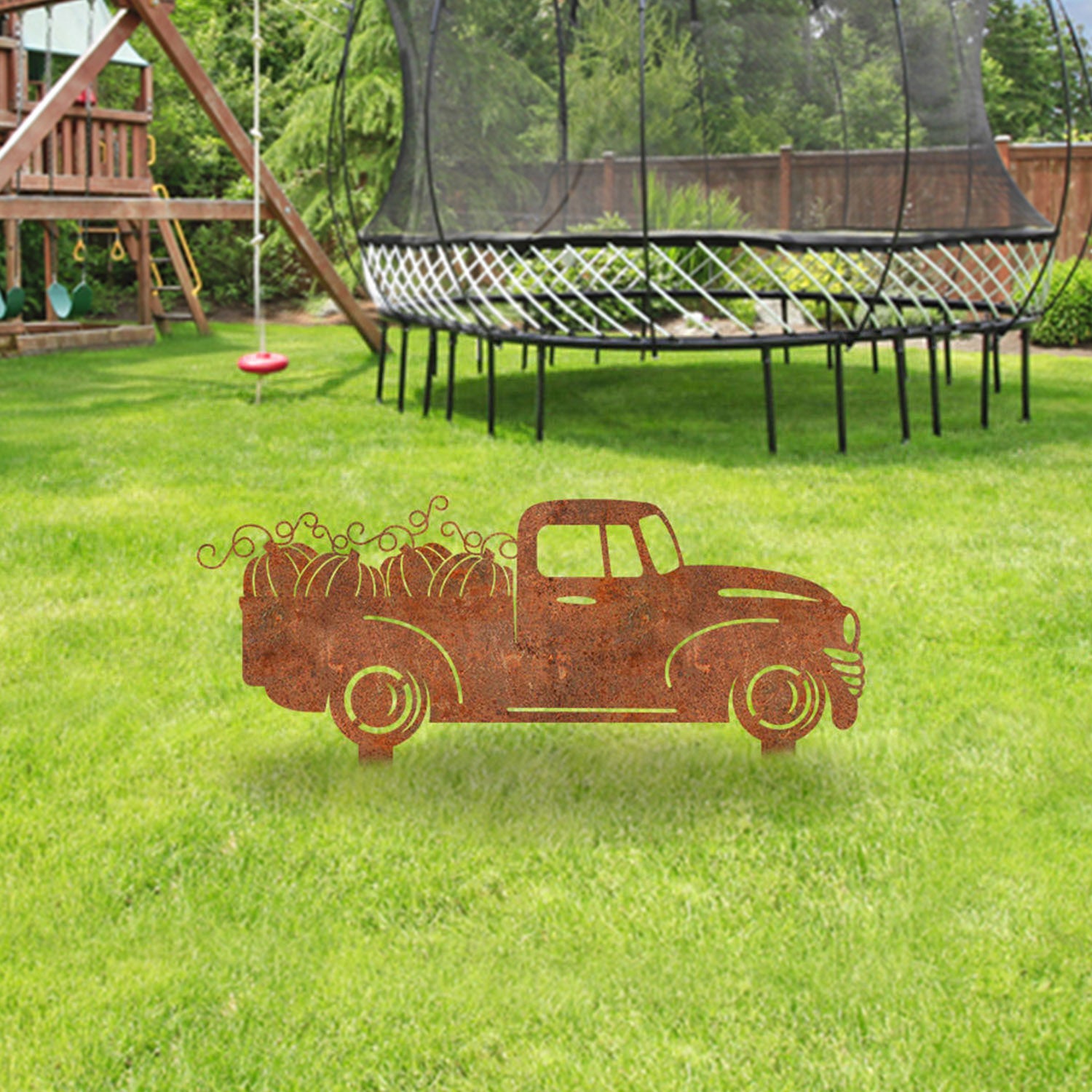 Rusty Pumpkin Pickup Truck Metal Garden Art, Pickup Truck Outdoor Stake For Farm