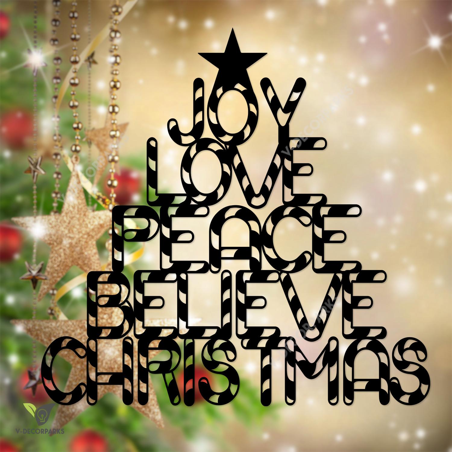 Joy Love Peace Believe Christmas Metal Art, Christmas Tree Stainless Accent Metal Sign