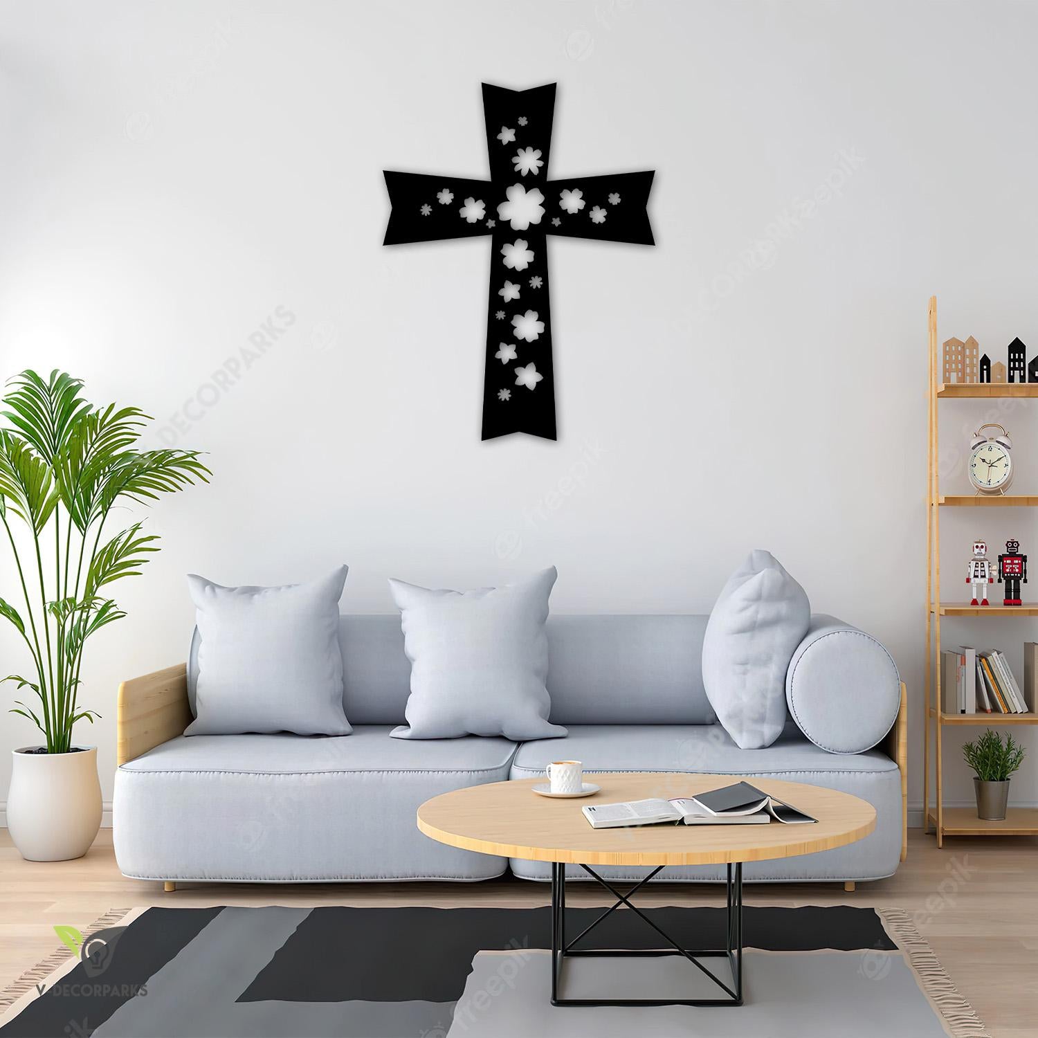 Cross And Flowers Jesus Metal Wall Art, Holy Flowers Housewarming Wall Hanging Metal Sign