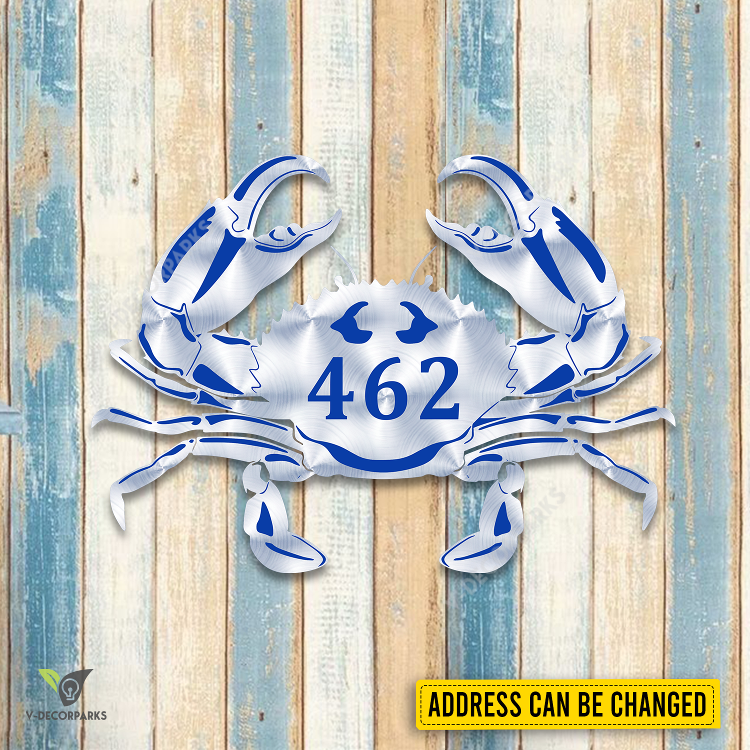 Personalized Address Blue Crab Metal Sign, Metallic Crab Design