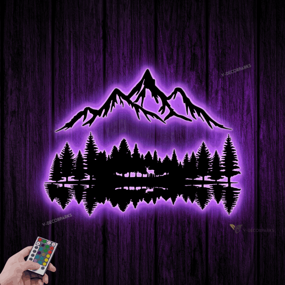 Mountain Lake Scene Metal Sign With Led Lights Multi Color, Mountain
