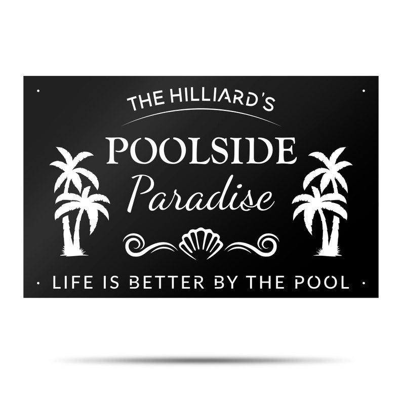Poolside Paradise With Palms, Metal Pool Sign, Swimming Pool Sign