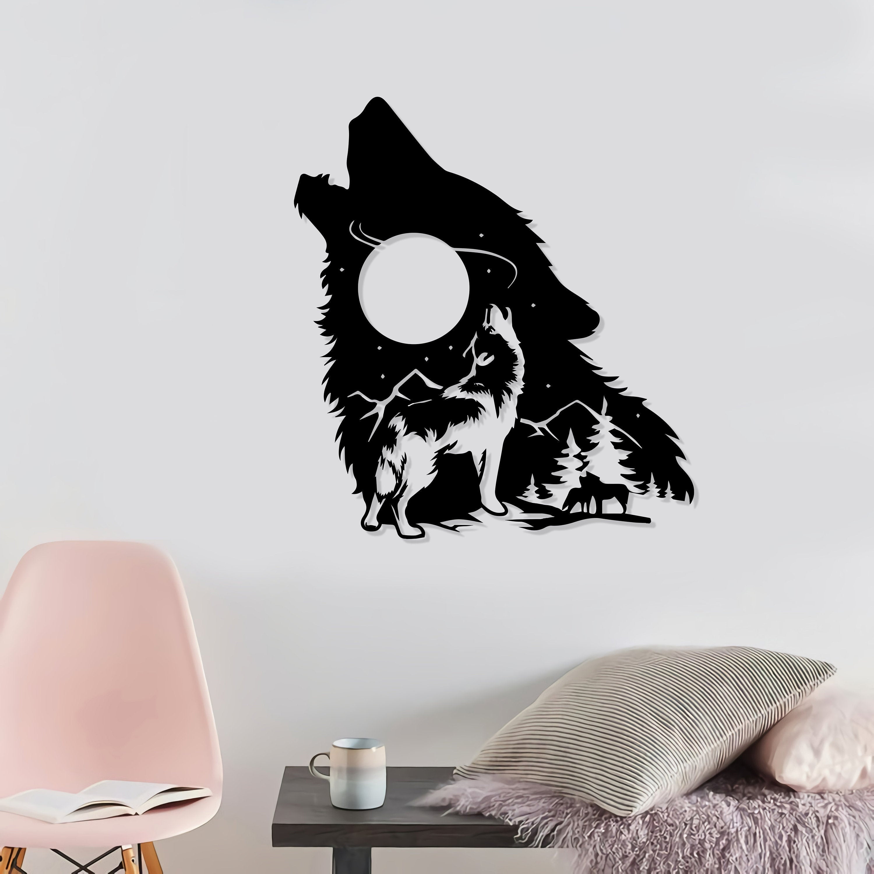 Howling Wolf Moon Metal Wall Art, Mountain Wolf Metal Sign, Wolf Room Decor, Moon Decor, Moon