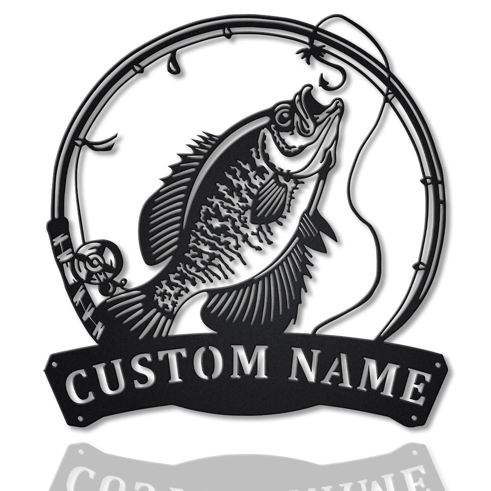 Personalized Black Crappie Fishing Fish Pole Metal Sign Art, Custom 