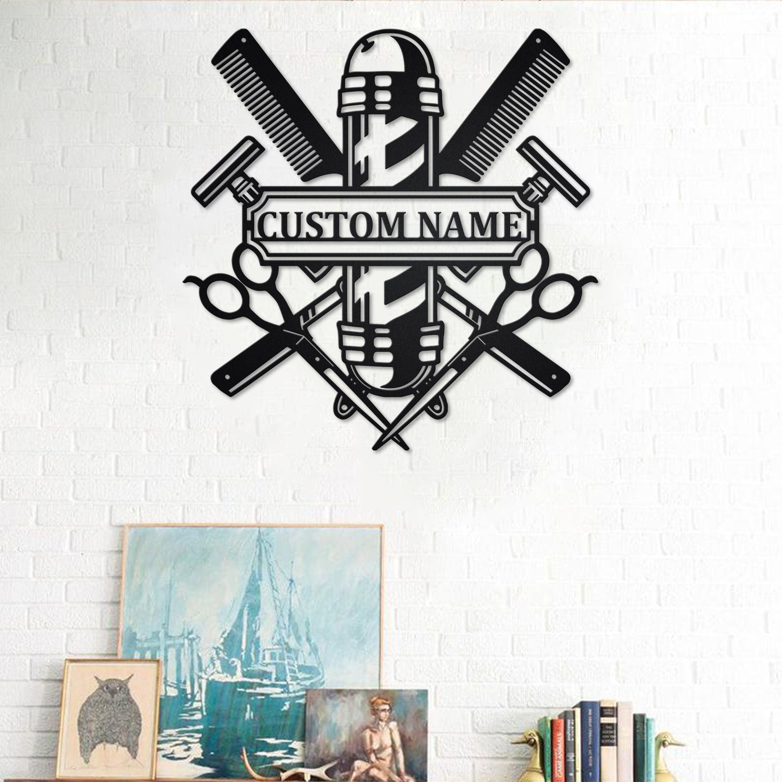 Custom Barber Shop Metal Wall Art, Personalized Barber Shop Name Sign ...