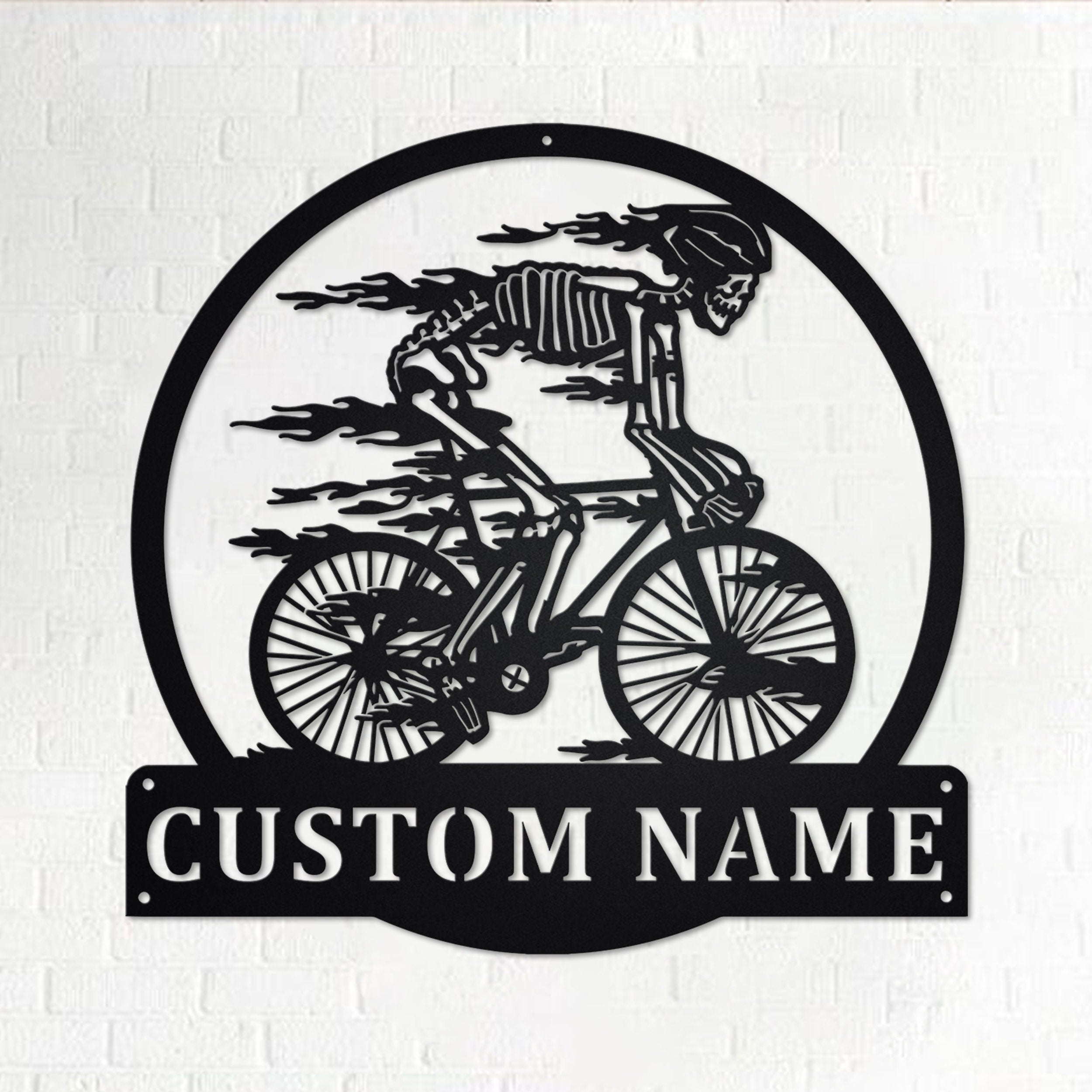 Custom Skull Bicycle Metal Wall Art, Personalized Skull Bicycle Name