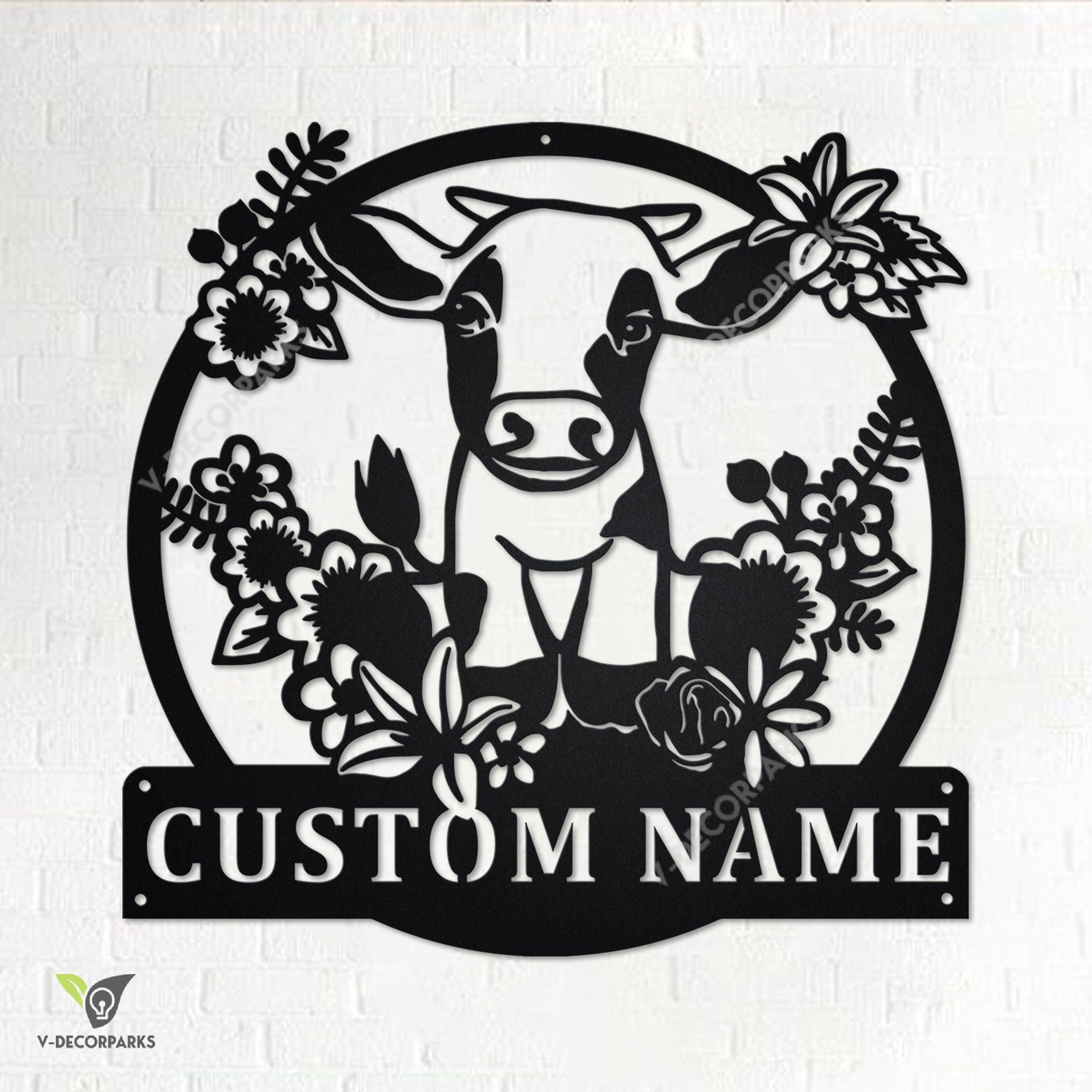 Custom Floral Cow Farm Metal Wall Art, Personalized Cow Farm Name Sign Decoration For Room, Cow Farm Metal Home Decor, Custom Floral Cow