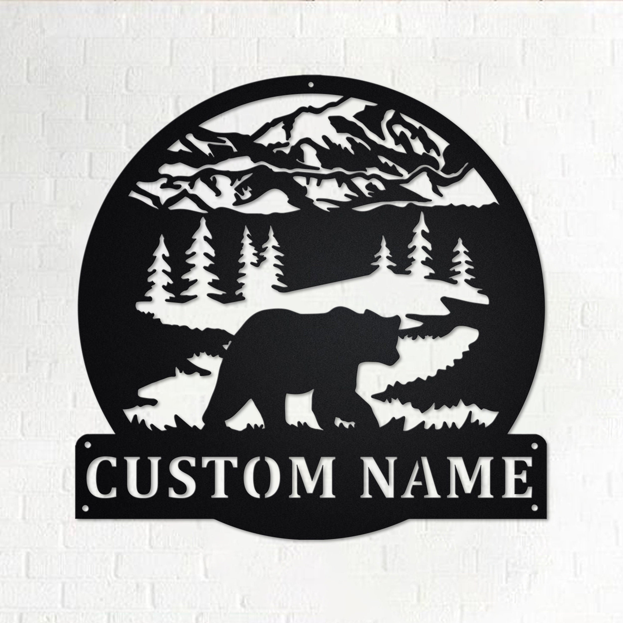 Custom Rustic Bear Mountain Scene Metal Wall Art, Personalized Bear ...