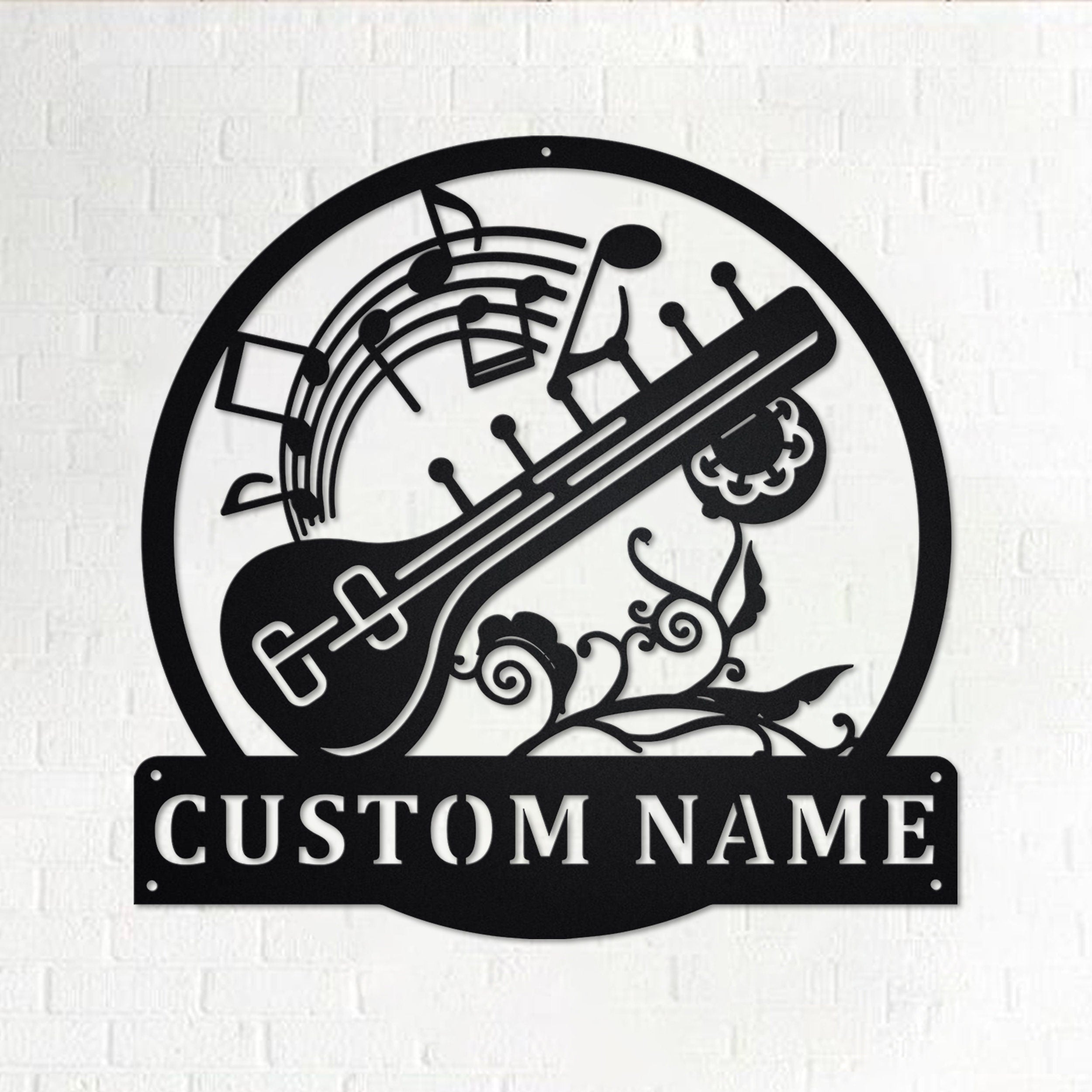 Custom Sitar Musical Instrument Metal Wall Art, Personalized Sitar Name