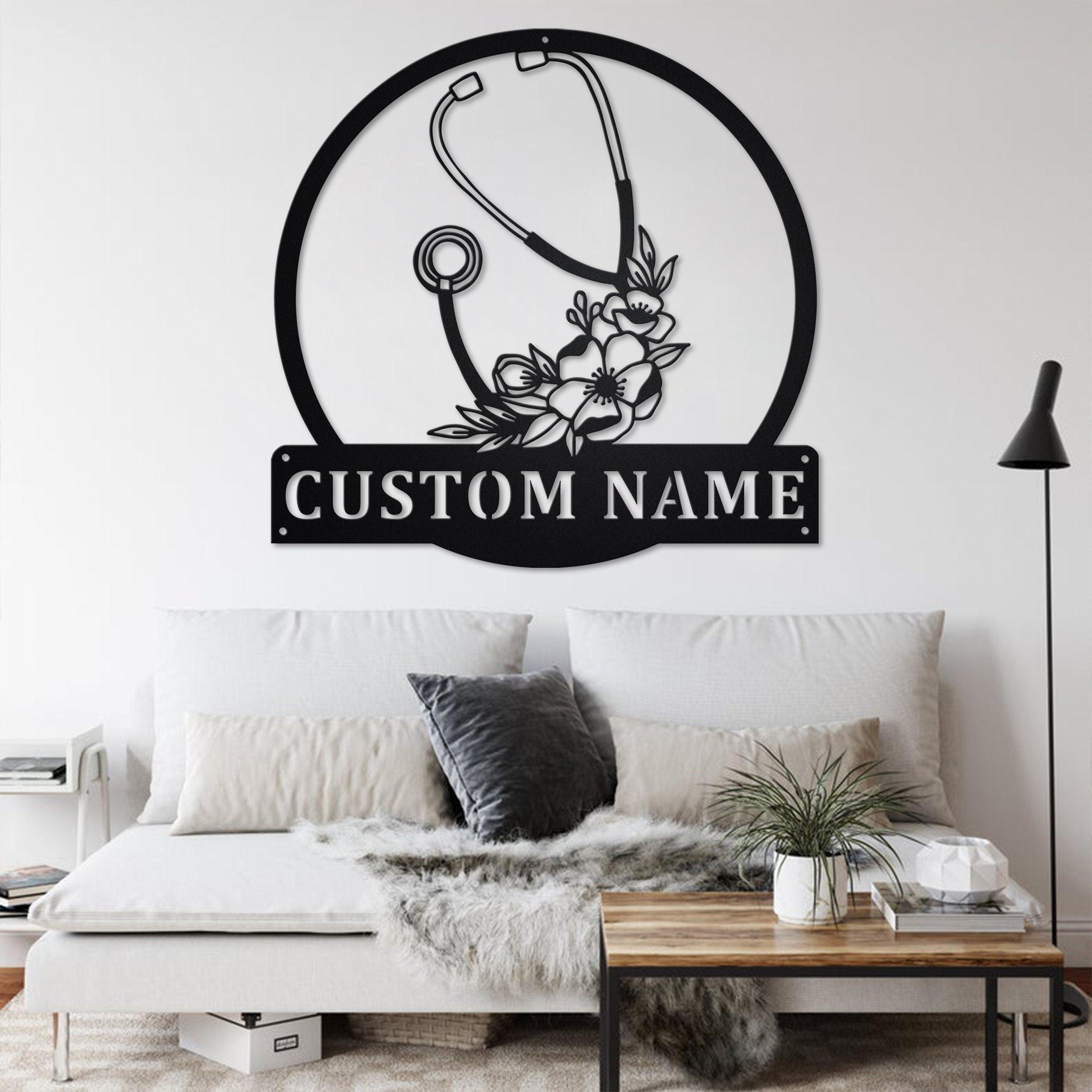 Custom Stethoscope Floral Metal Wall Art, Personalized Stethoscope Name
