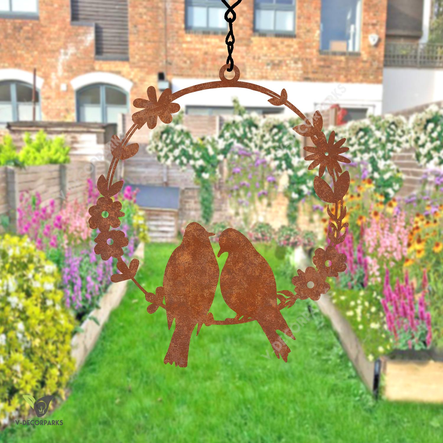 Couple Bird On Flower Wreath Metal Garden Art, Lovebirds Steel Garden Hanging