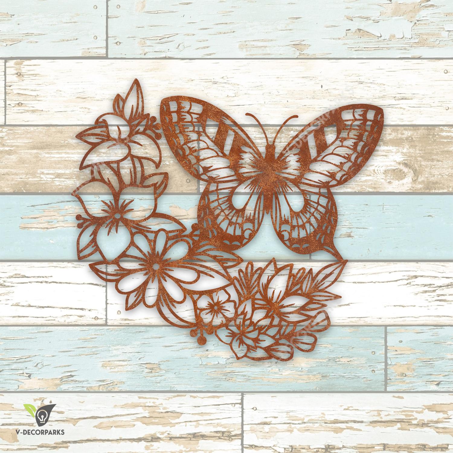 Rusty Butterfly And Flowers Metal Art, Floral Iron Decor For Mom