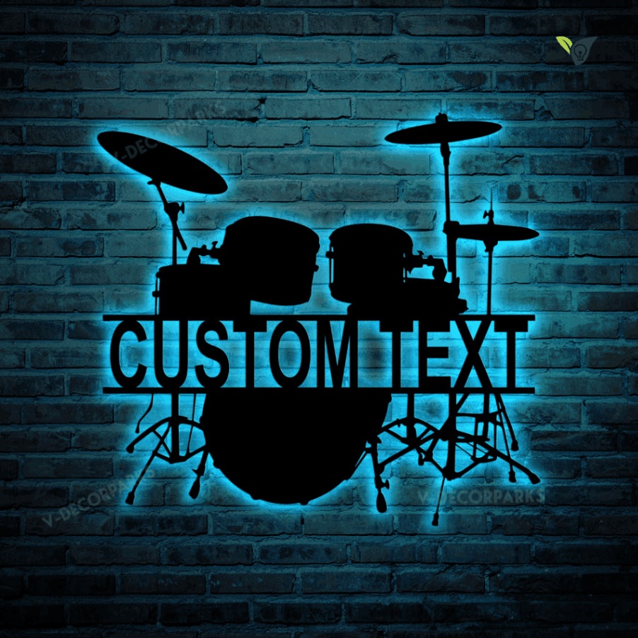 Custom Drum Set Metal Wall Art With Led Lights, Drum Set Drummer