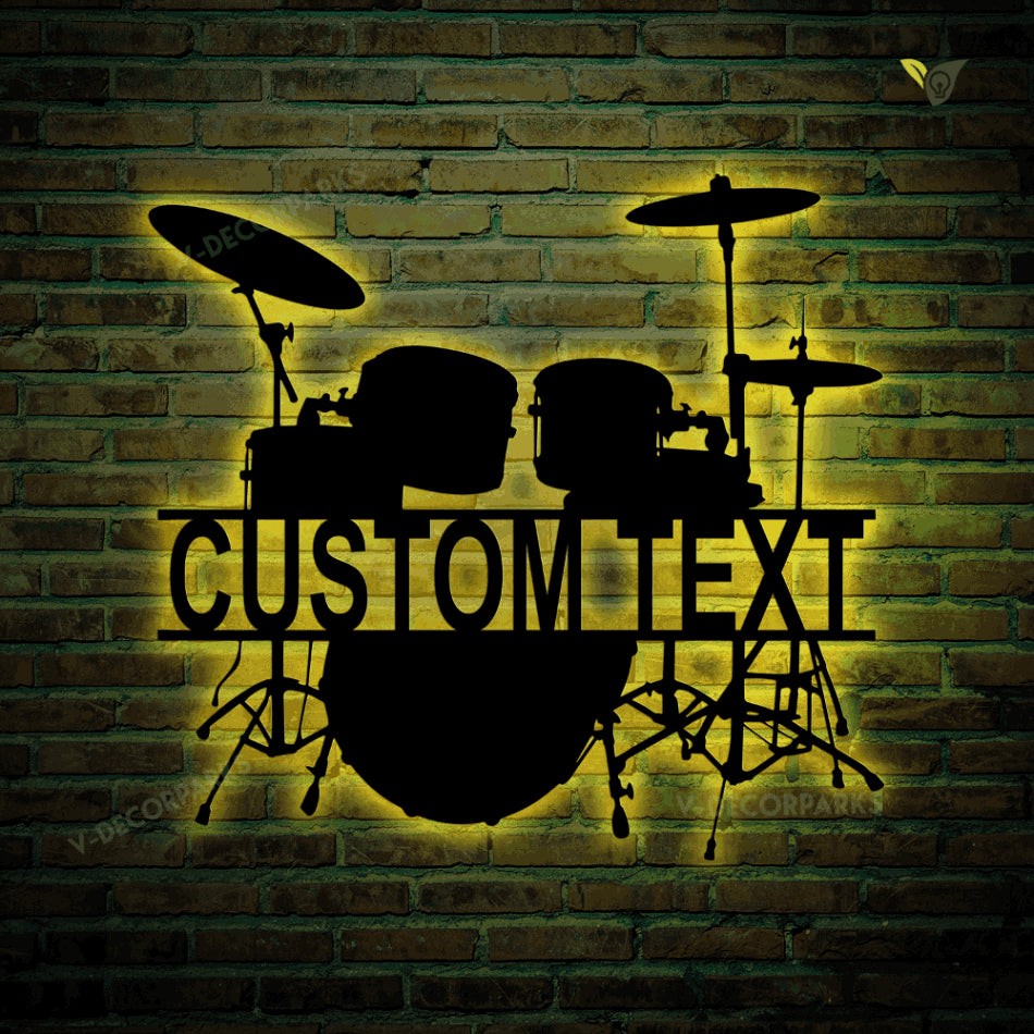 Custom Drum Set Metal Wall Art With Led Lights, Drum Set Drummer