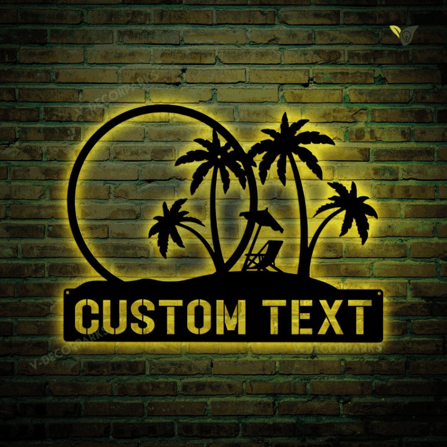 Custom Sunset Beach Metal Wall Art With Led Lights, Personalized Metal