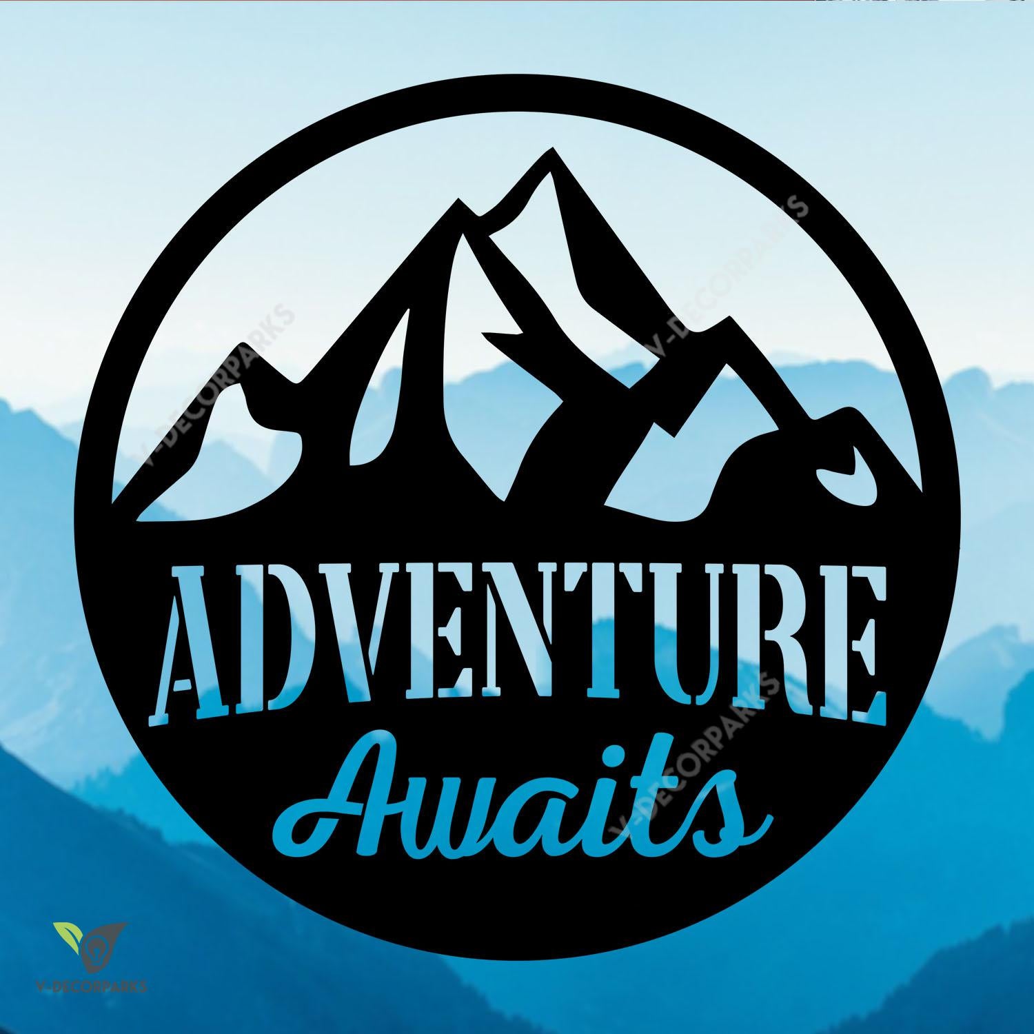 Adventure Awaits Mountain Metal Sign, Adventure Awaits Camping Site Metallic Accent