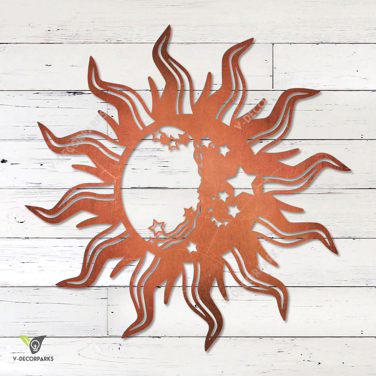Celestial Sun Moon And Stars Copper Metal Wall Decoration, Sun Moon And Stars Fence Decor