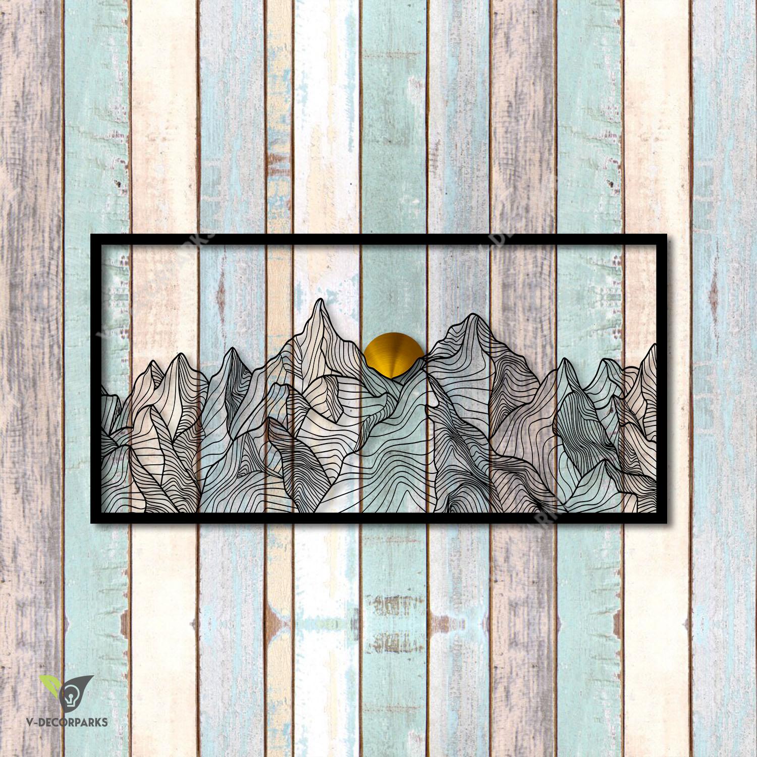 Sun And Mountain Rectangle Metal Wall Art, Mountain Living Room Metallic Plaque