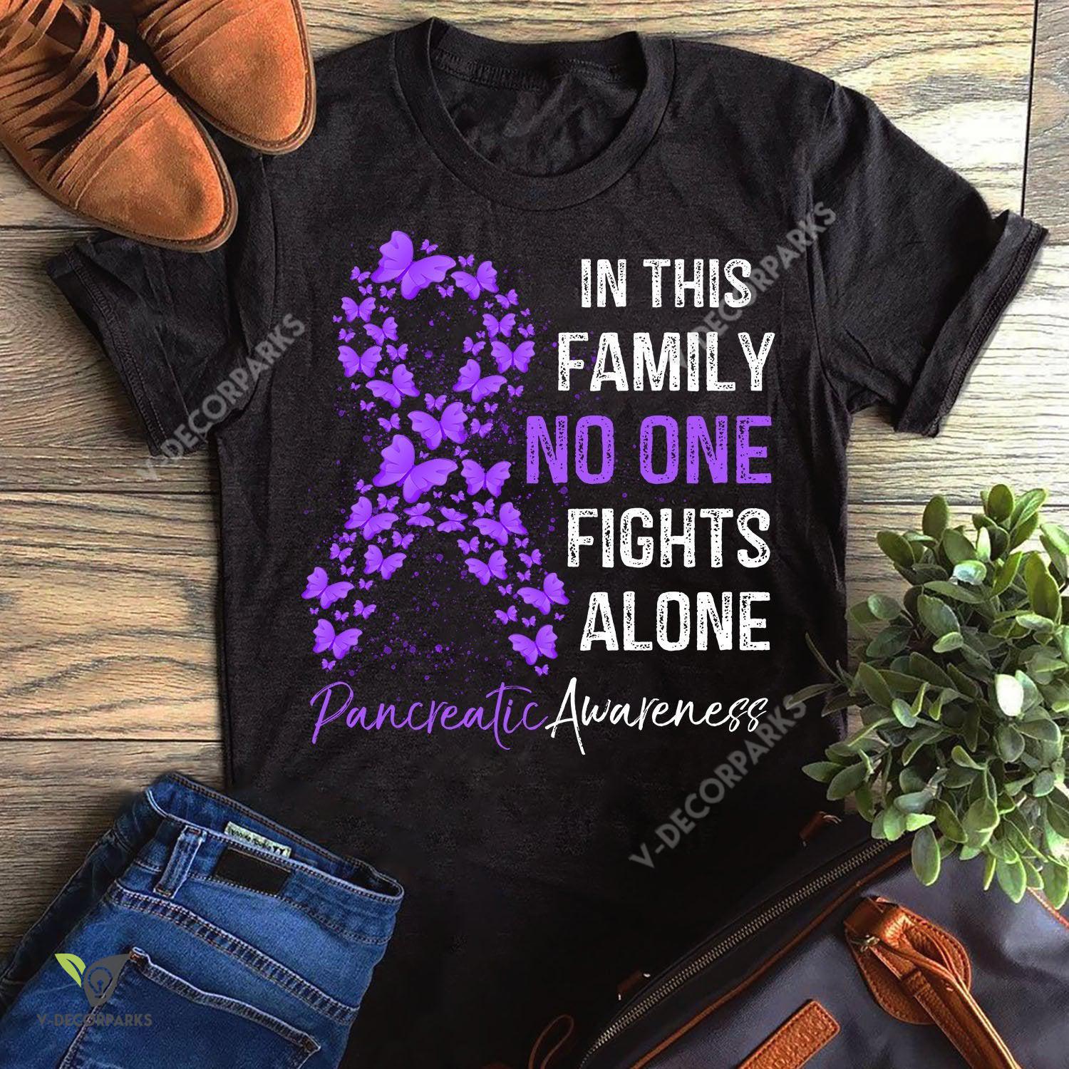 Butterfly This Family No One Fights Alone Pancreatic Cancer Awareness Graphic Unisex T Shirt, Sweatshirt, Hoodie Size S - 5xl