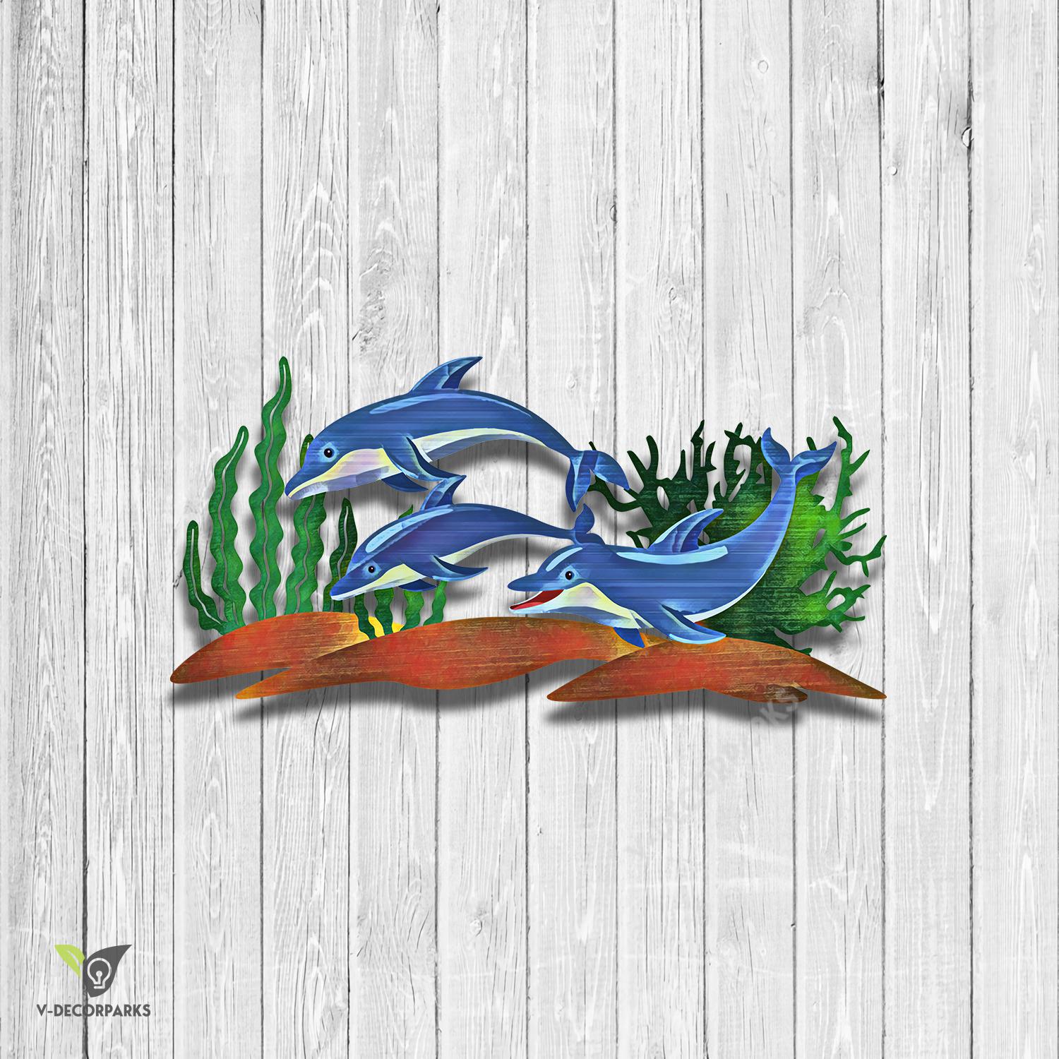 Swimming Dolphins Colored Metal Wall Decor, Dolphins Stainless Artwork