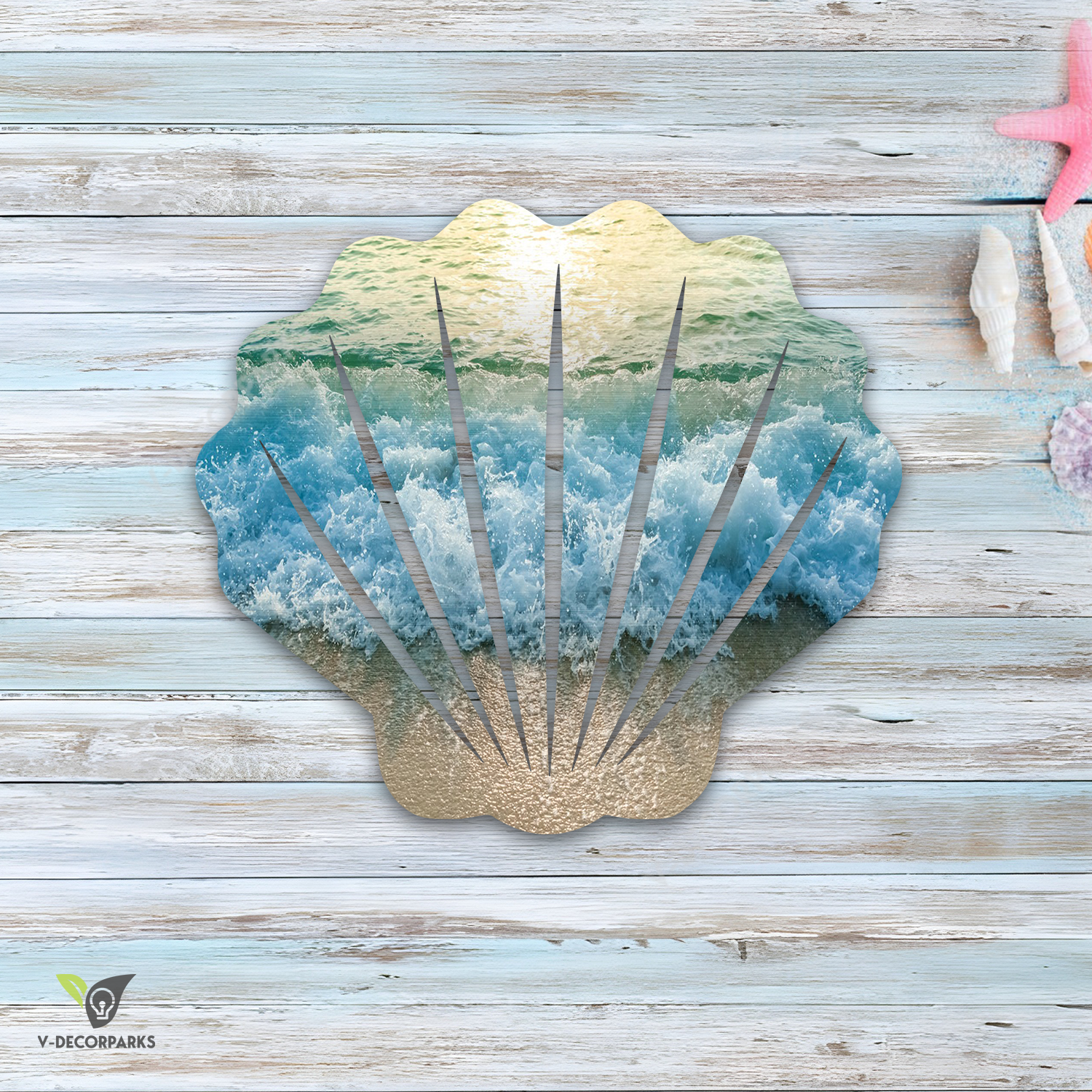 Shell And Wave Printed Metal Wall Art, Shell Decor For Beach Resort