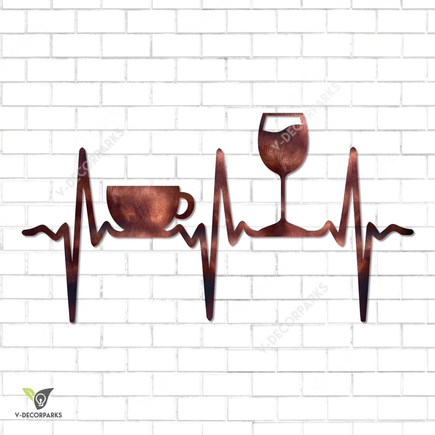 Coffee And Wine On Heartbeat Metal Wall Decor, Metallic Artwork For Wine And Coffee Lovers