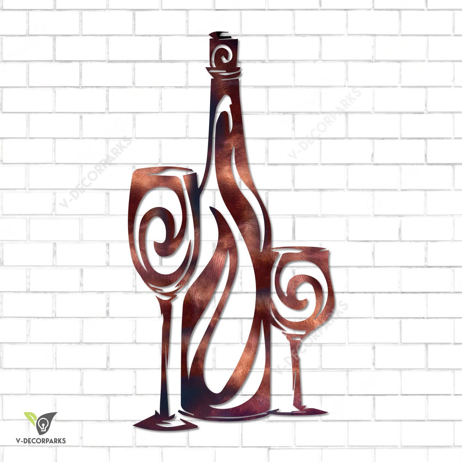 Copper Wine Glasses And Bottle Metal Art, Kitchen, Bar Plasma Cut Decor