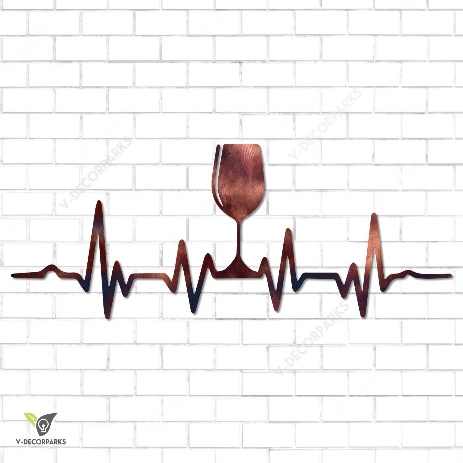 Copper Heartbeat With Wine Glass Metal Sign, Wine Kitchen Decor For Her