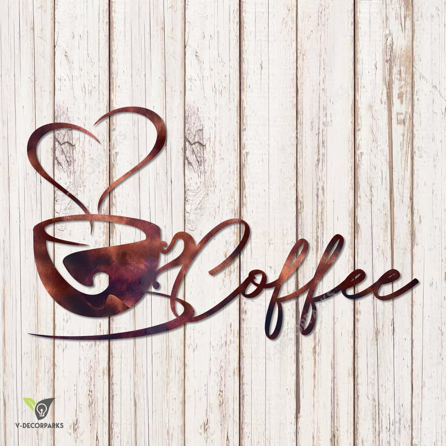 Copper Coffee With Heart Metal Wall Art, Coffee Stainless Artwork